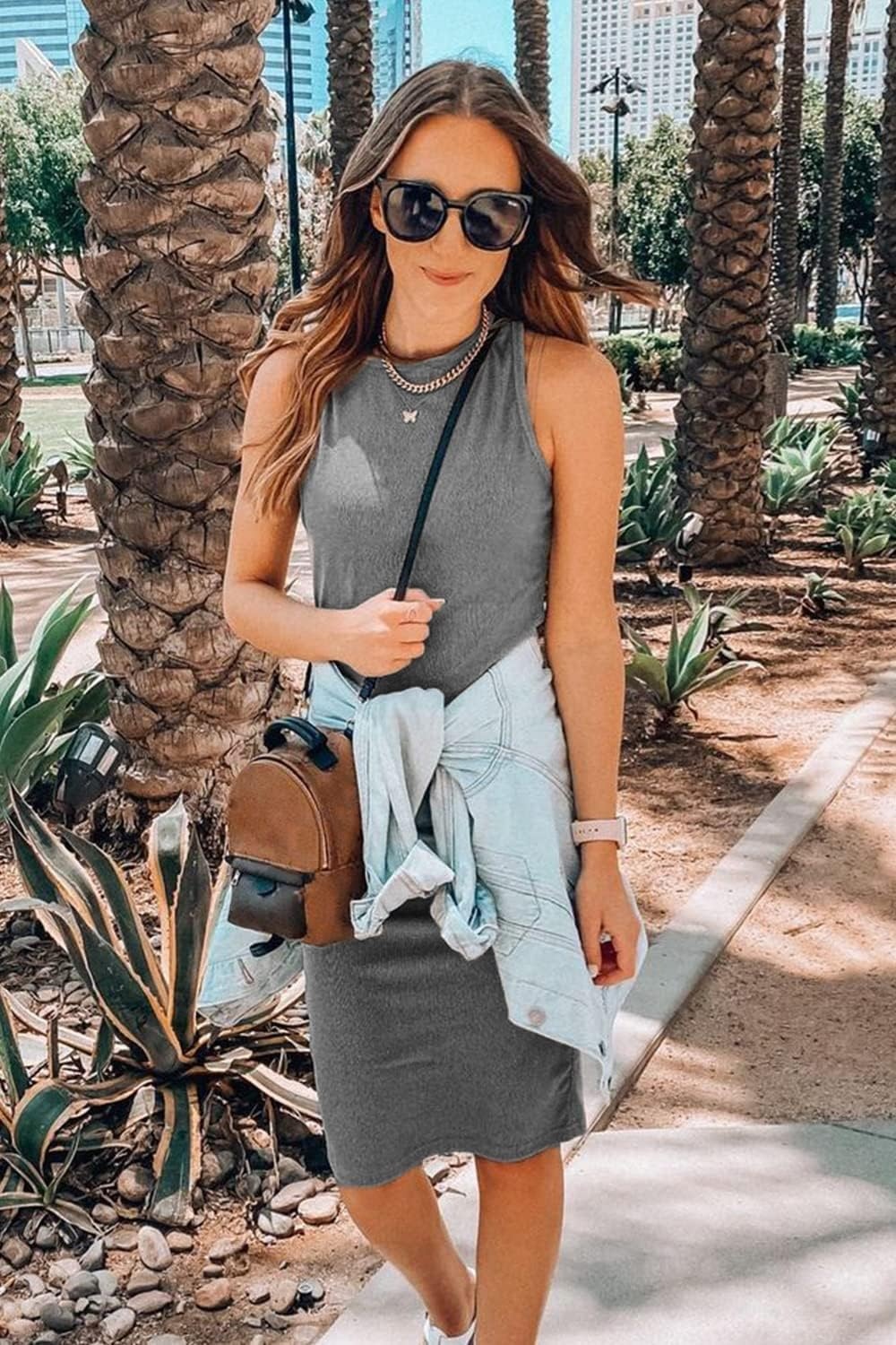 image:imagePRETTYGARDEN Womens Summer Ribbed Bodycon Midi Dresses Soft Stretchy Knit Sleeveless Tank Dress Slim Fitted Elegant Spring Outfit for Work Vacation Travel Date Night PartyGrey