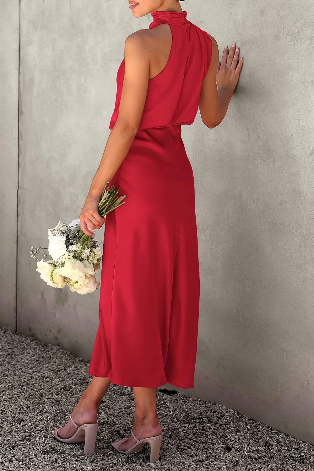 image:imagePRETTYGARDEN Womens Summer Satin Maxi Cocktail Dress Silk FabricSleeveless Mock NeckFit and FlareAsymmetrical Long DressesElegant FormalWedding Guest PartyCruise OutfitsRed