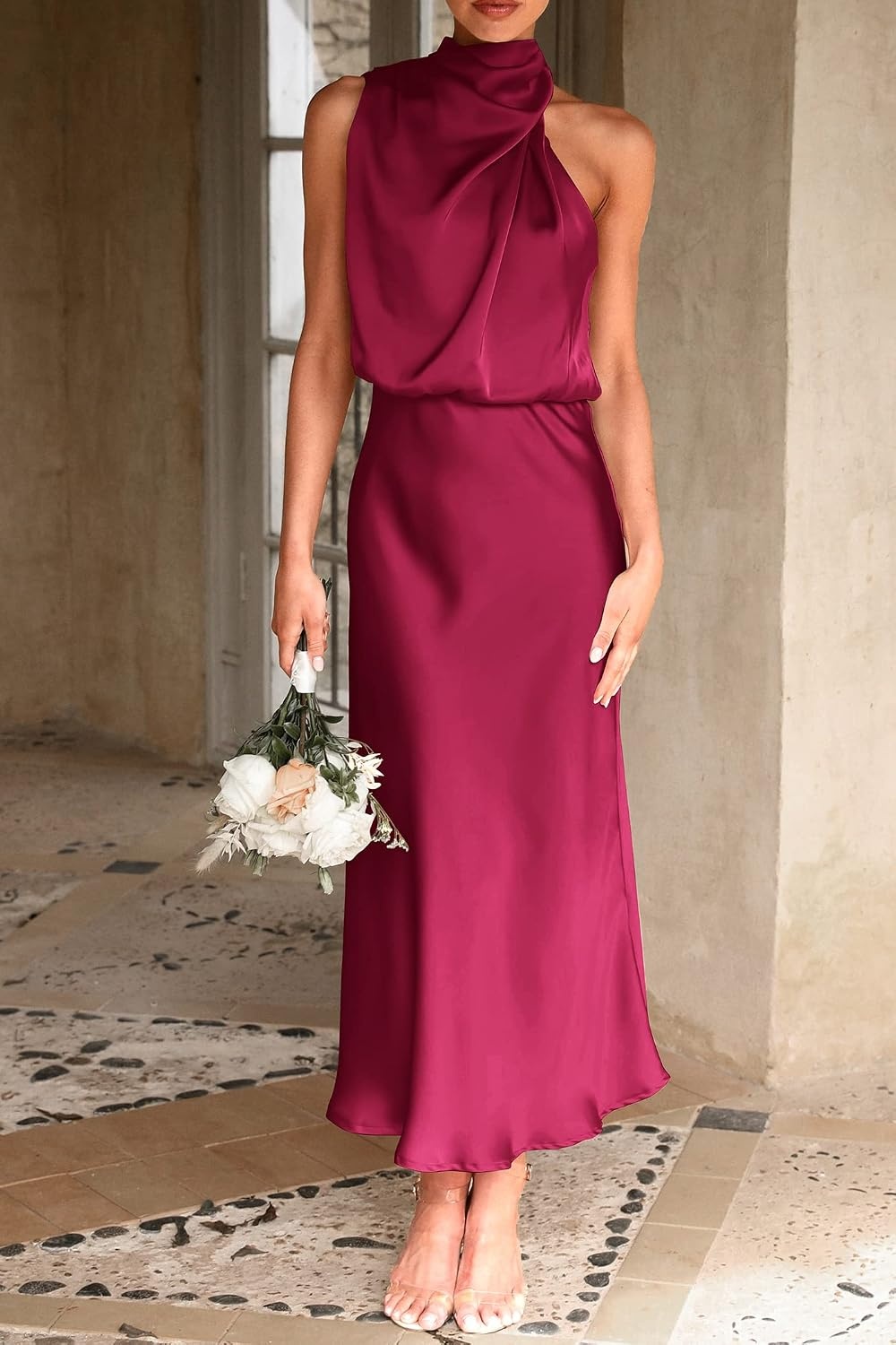 image:imagePRETTYGARDEN Womens Summer Satin Maxi Cocktail Dress Silk FabricSleeveless Mock NeckFit and FlareAsymmetrical Long DressesElegant FormalWedding Guest PartyCruise OutfitsDeep Red