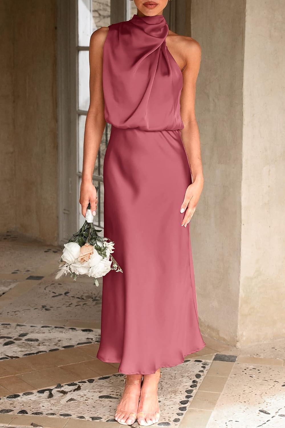 image:imagePRETTYGARDEN Womens Summer Satin Maxi Cocktail Dress Silk FabricSleeveless Mock NeckFit and FlareAsymmetrical Long DressesElegant FormalWedding Guest PartyCruise OutfitsBrick Red