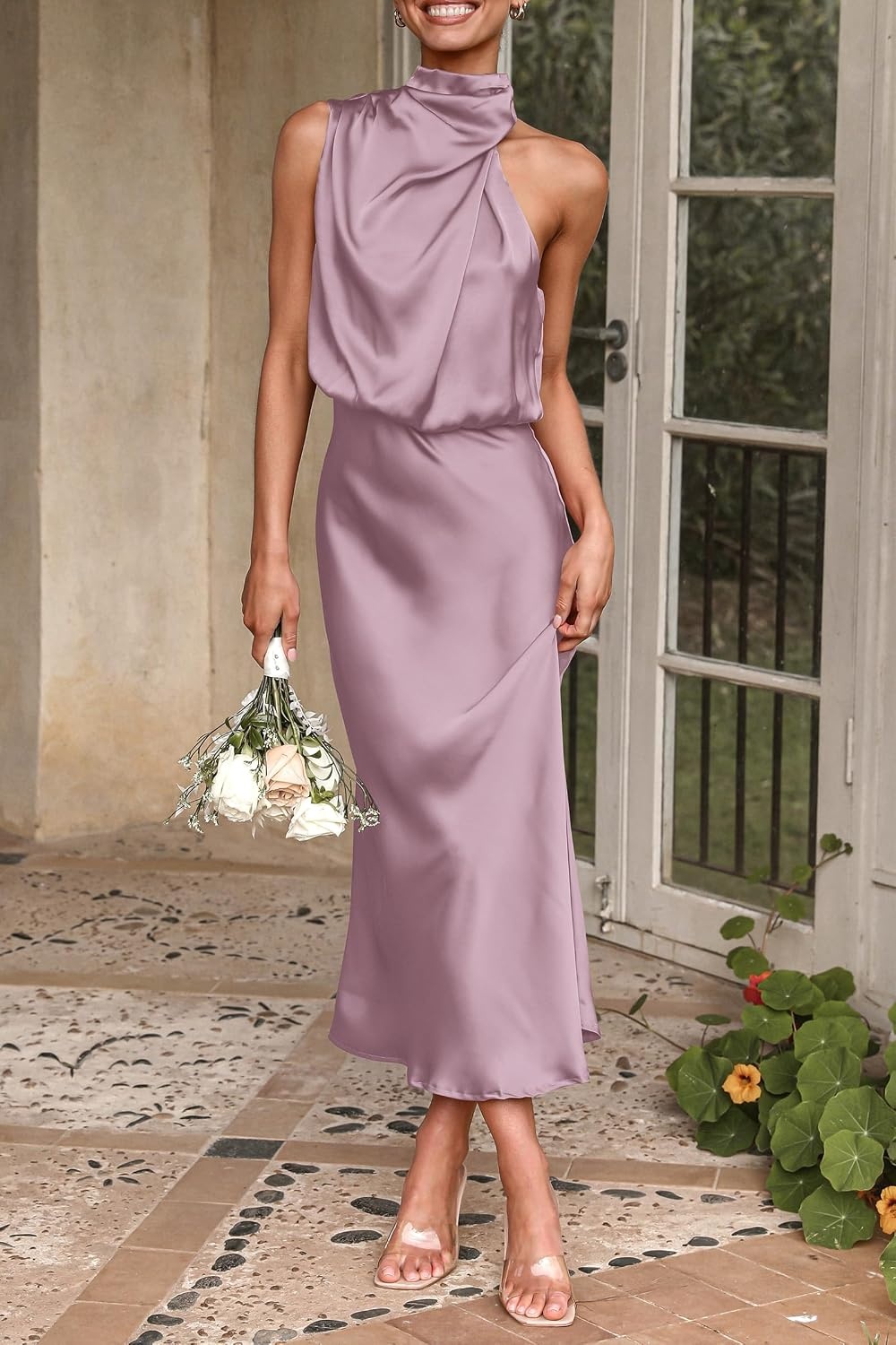 image:imagePRETTYGARDEN Womens Summer Satin Maxi Cocktail Dress Silk FabricSleeveless Mock NeckFit and FlareAsymmetrical Long DressesElegant FormalWedding Guest PartyCruise OutfitsDusty Pink
