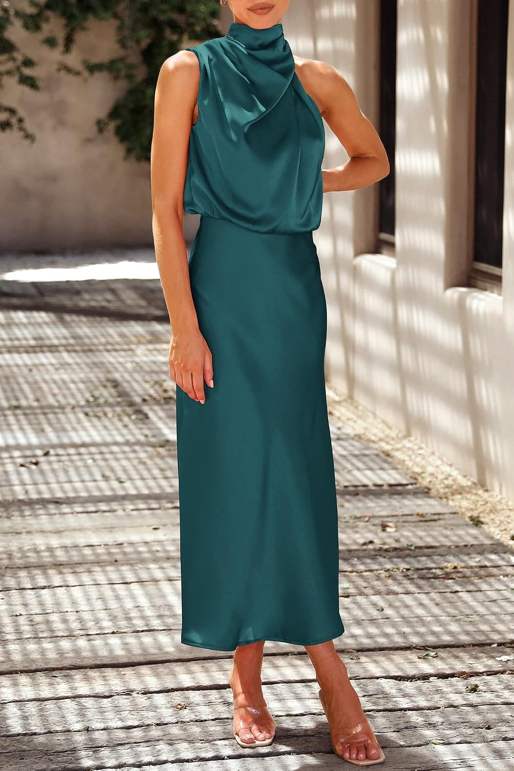 image:imagePRETTYGARDEN Womens Summer Satin Maxi Cocktail Dress Silk FabricSleeveless Mock NeckFit and FlareAsymmetrical Long DressesElegant FormalWedding Guest PartyCruise OutfitsDark Green