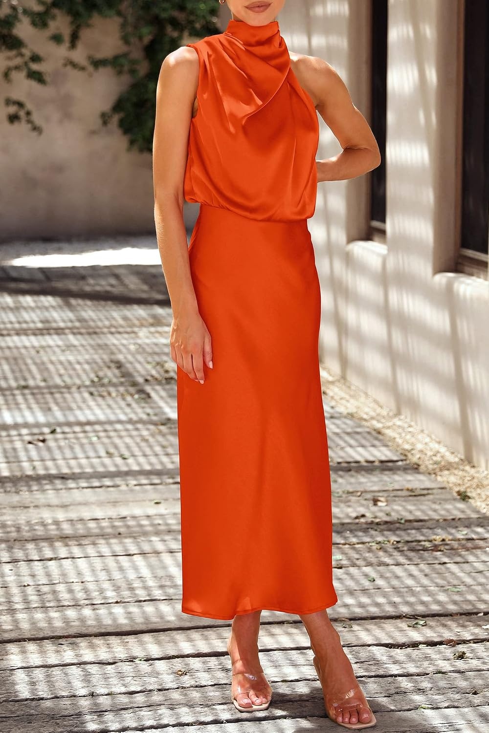 image:imagePRETTYGARDEN Womens Summer Satin Maxi Cocktail Dress Silk FabricSleeveless Mock NeckFit and FlareAsymmetrical Long DressesElegant FormalWedding Guest PartyCruise OutfitsOrange