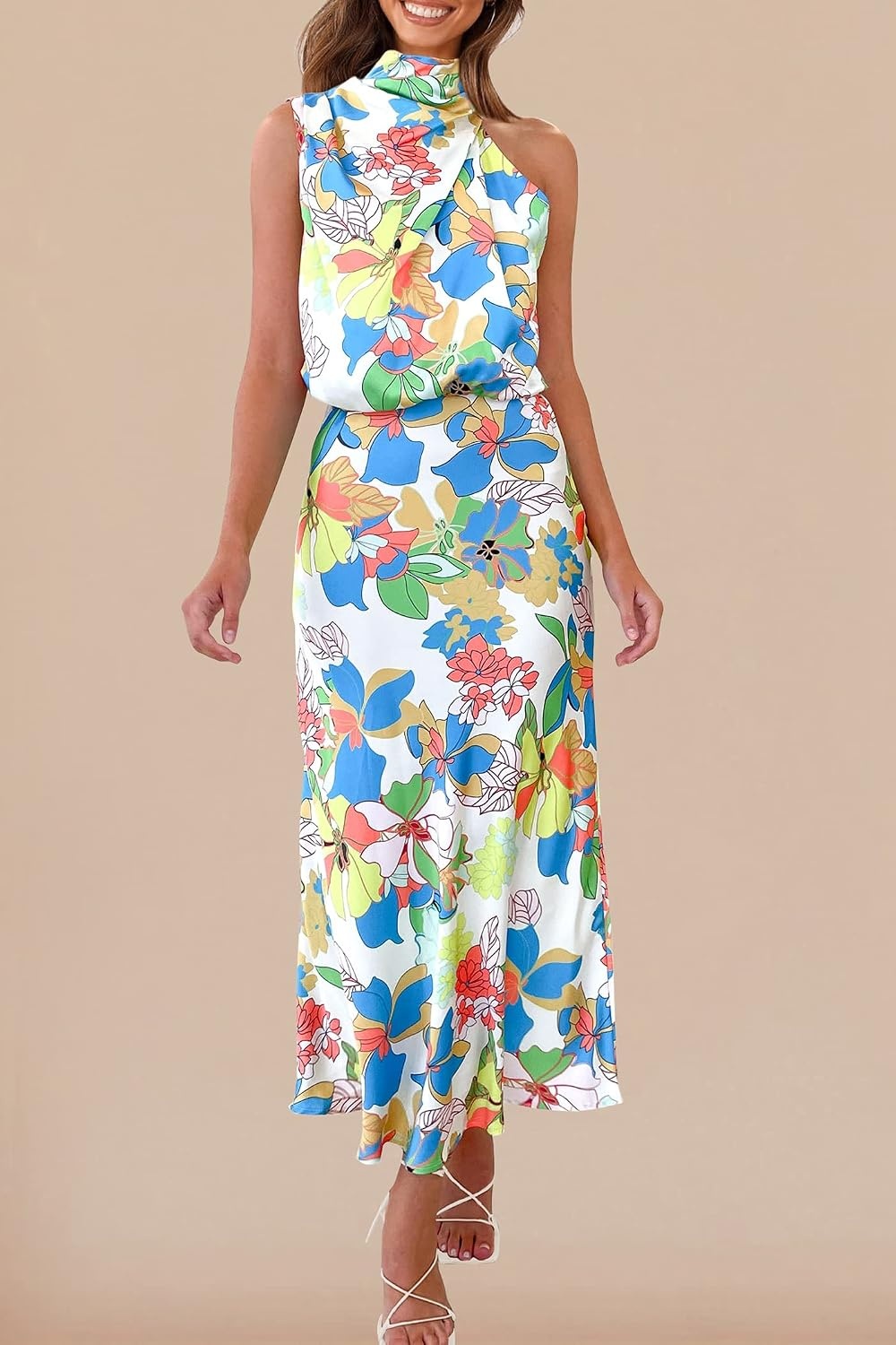 image:imagePRETTYGARDEN Womens Summer Satin Maxi Cocktail Dress Silk FabricSleeveless Mock NeckFit and FlareAsymmetrical Long DressesElegant FormalWedding Guest PartyCruise OutfitsPrint Multicolored
