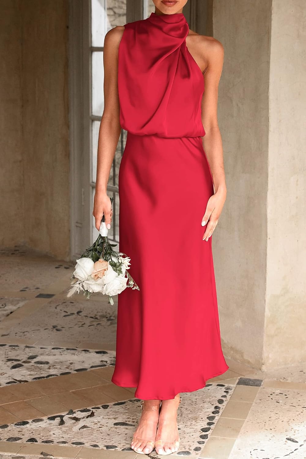 image:imagePRETTYGARDEN Womens Summer Satin Maxi Cocktail Dress Silk FabricSleeveless Mock NeckFit and FlareAsymmetrical Long DressesElegant FormalWedding Guest PartyCruise OutfitsRed