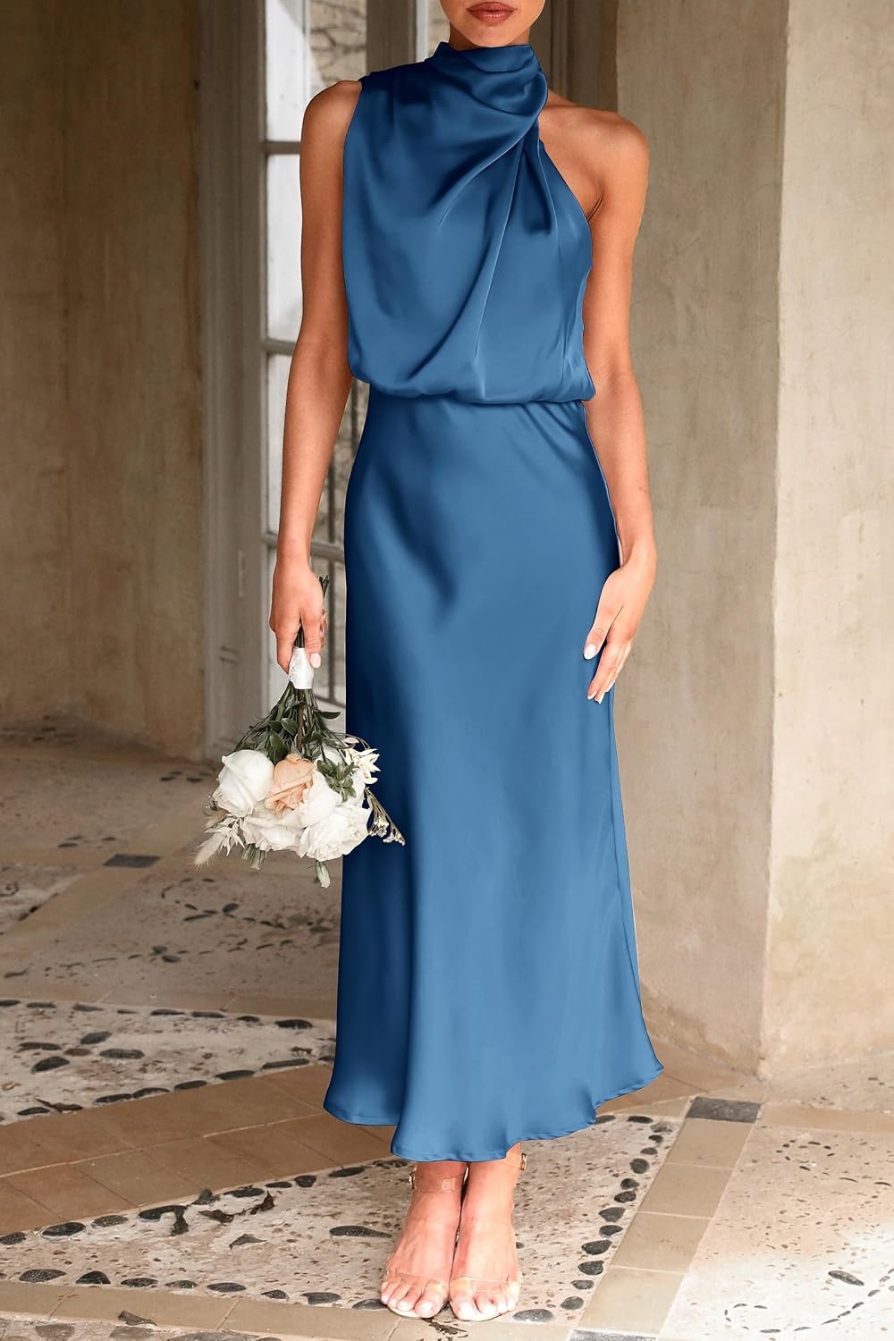 image:imagePRETTYGARDEN Womens Summer Satin Maxi Cocktail Dress Silk FabricSleeveless Mock NeckFit and FlareAsymmetrical Long DressesElegant FormalWedding Guest PartyCruise OutfitsDark Blue