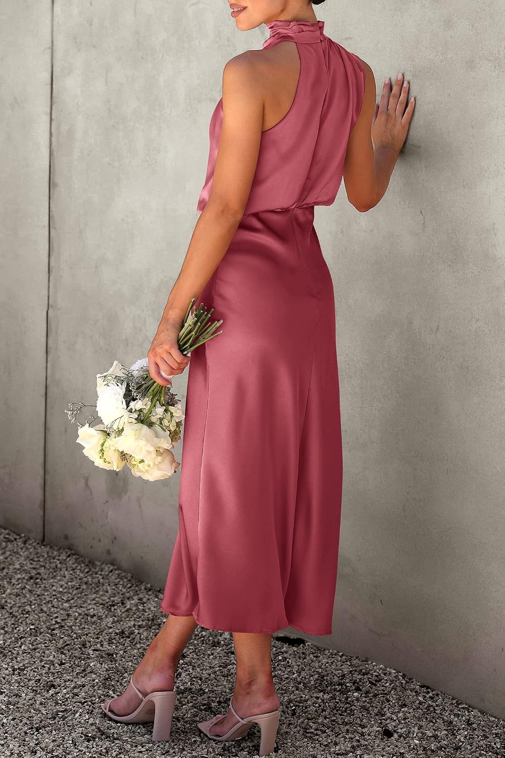 image:imagePRETTYGARDEN Womens Summer Satin Maxi Cocktail Dress Silk FabricSleeveless Mock NeckFit and FlareAsymmetrical Long DressesElegant FormalWedding Guest PartyCruise OutfitsBrick Red