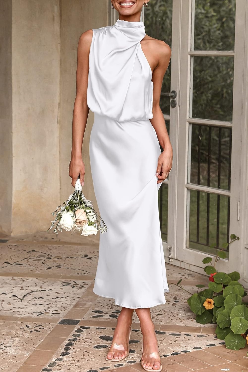 image:imagePRETTYGARDEN Womens Summer Satin Maxi Cocktail Dress Silk FabricSleeveless Mock NeckFit and FlareAsymmetrical Long DressesElegant FormalWedding Guest PartyCruise OutfitsWhite