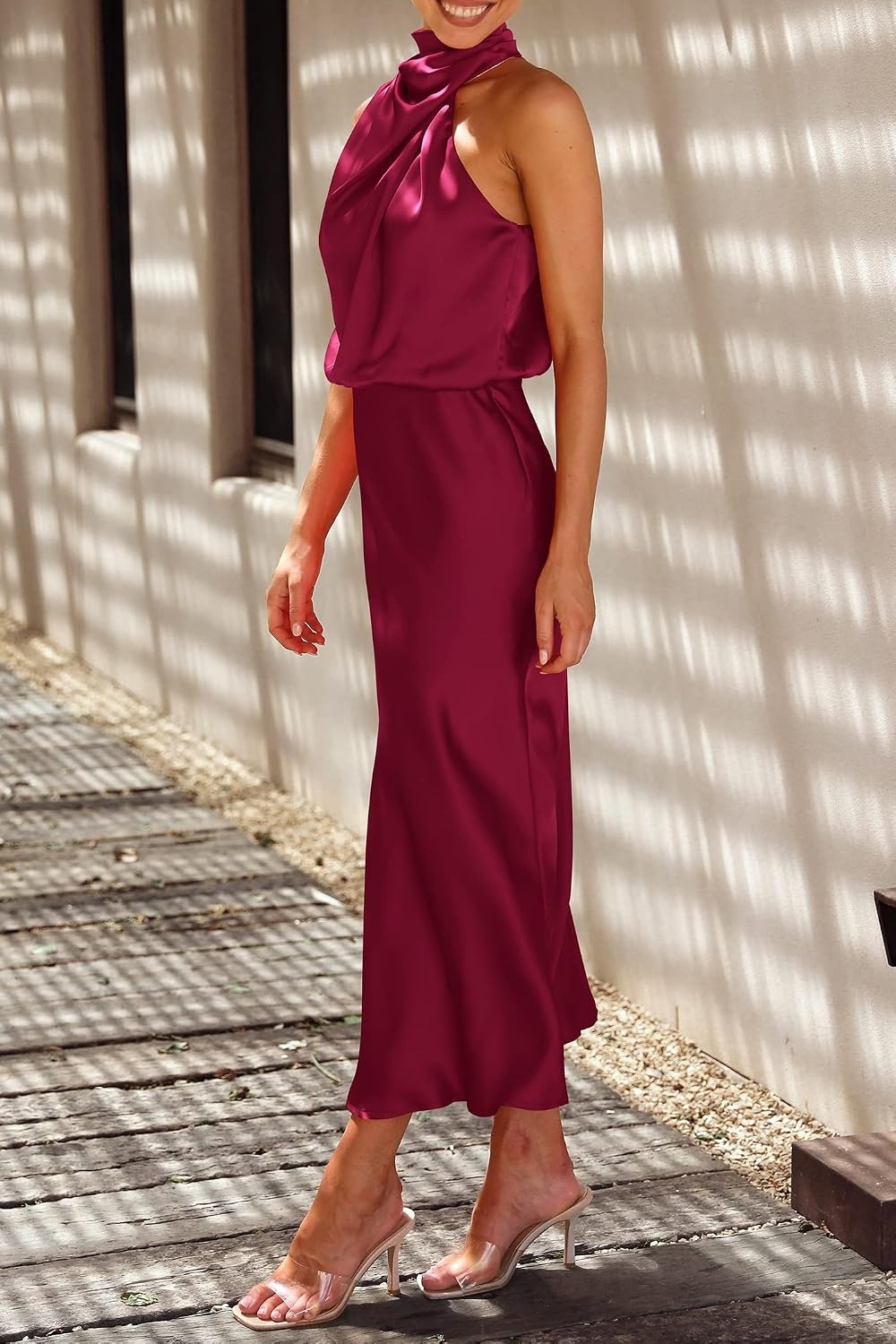 image:imagePRETTYGARDEN Womens Summer Satin Maxi Cocktail Dress Silk FabricSleeveless Mock NeckFit and FlareAsymmetrical Long DressesElegant FormalWedding Guest PartyCruise OutfitsDeep Red