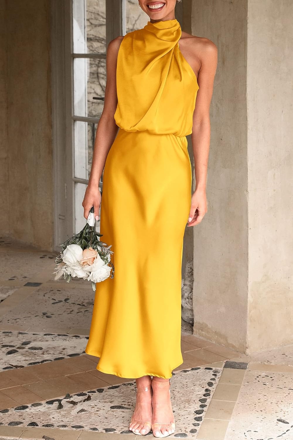 image:imagePRETTYGARDEN Womens Summer Satin Maxi Cocktail Dress Silk FabricSleeveless Mock NeckFit and FlareAsymmetrical Long DressesElegant FormalWedding Guest PartyCruise OutfitsYellow
