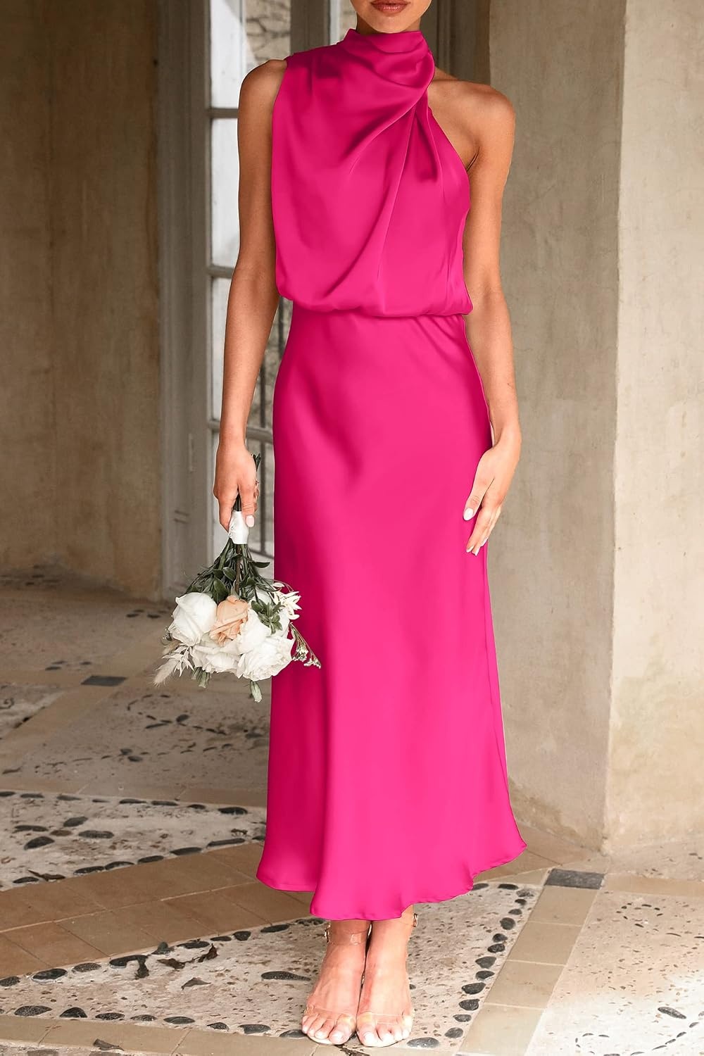 image:imagePRETTYGARDEN Womens Summer Satin Maxi Cocktail Dress Silk FabricSleeveless Mock NeckFit and FlareAsymmetrical Long DressesElegant FormalWedding Guest PartyCruise OutfitsRose Red
