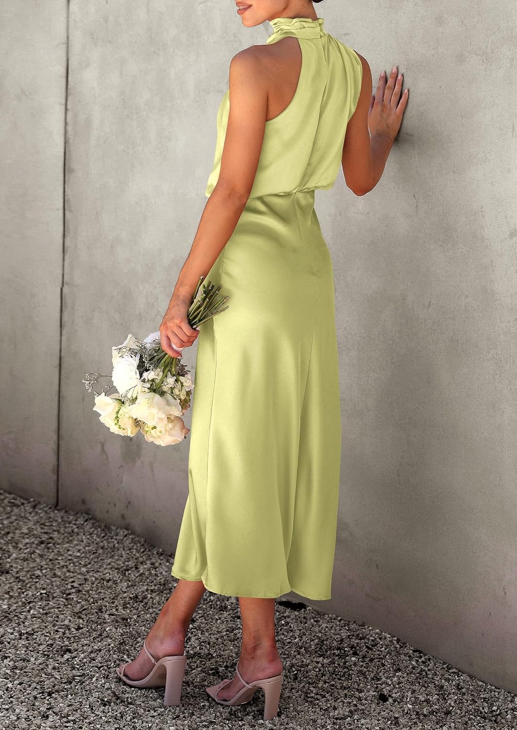 image:imagePRETTYGARDEN Womens Summer Satin Maxi Cocktail Dress Silk FabricSleeveless Mock NeckFit and FlareAsymmetrical Long DressesElegant FormalWedding Guest PartyCruise OutfitsTender Green