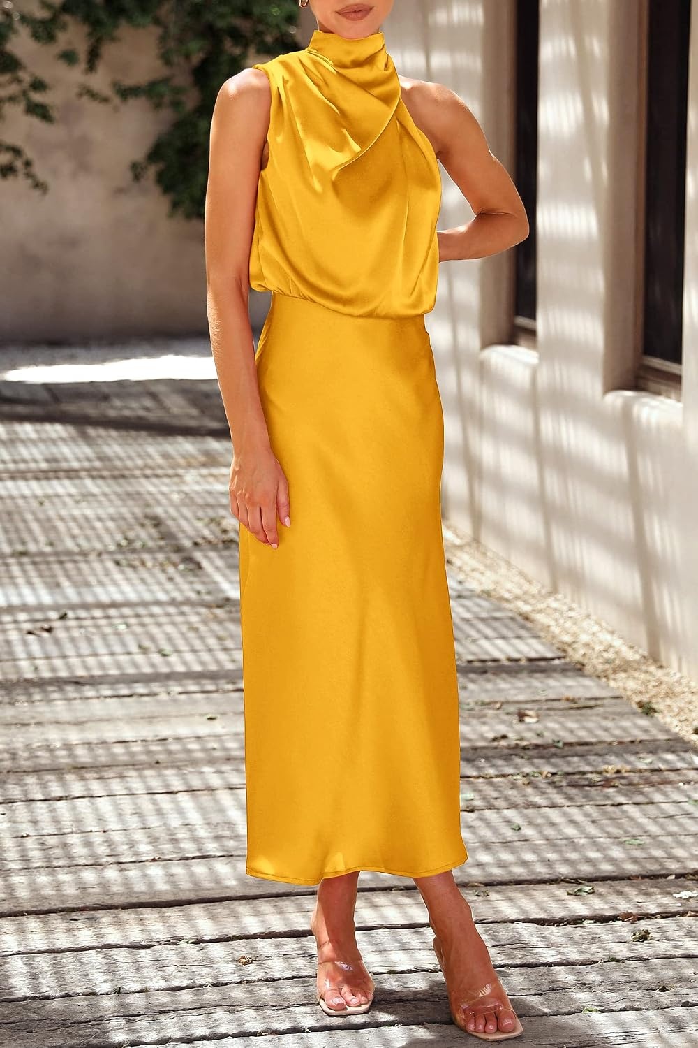 image:imagePRETTYGARDEN Womens Summer Satin Maxi Cocktail Dress Silk FabricSleeveless Mock NeckFit and FlareAsymmetrical Long DressesElegant FormalWedding Guest PartyCruise OutfitsYellow