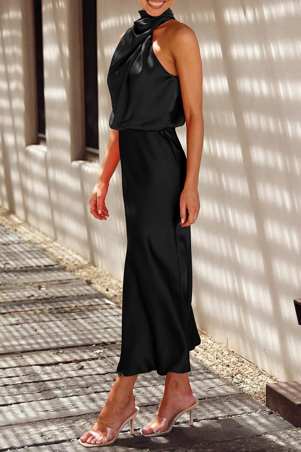 image:imagePRETTYGARDEN Womens Summer Satin Maxi Cocktail Dress Silk FabricSleeveless Mock NeckFit and FlareAsymmetrical Long DressesElegant FormalWedding Guest PartyCruise OutfitsBlack