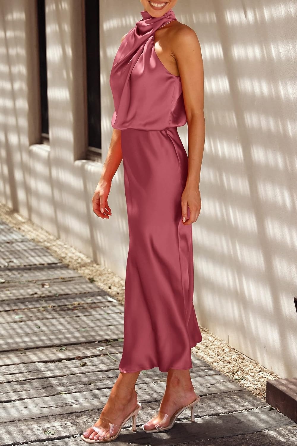 image:imagePRETTYGARDEN Womens Summer Satin Maxi Cocktail Dress Silk FabricSleeveless Mock NeckFit and FlareAsymmetrical Long DressesElegant FormalWedding Guest PartyCruise OutfitsBrick Red