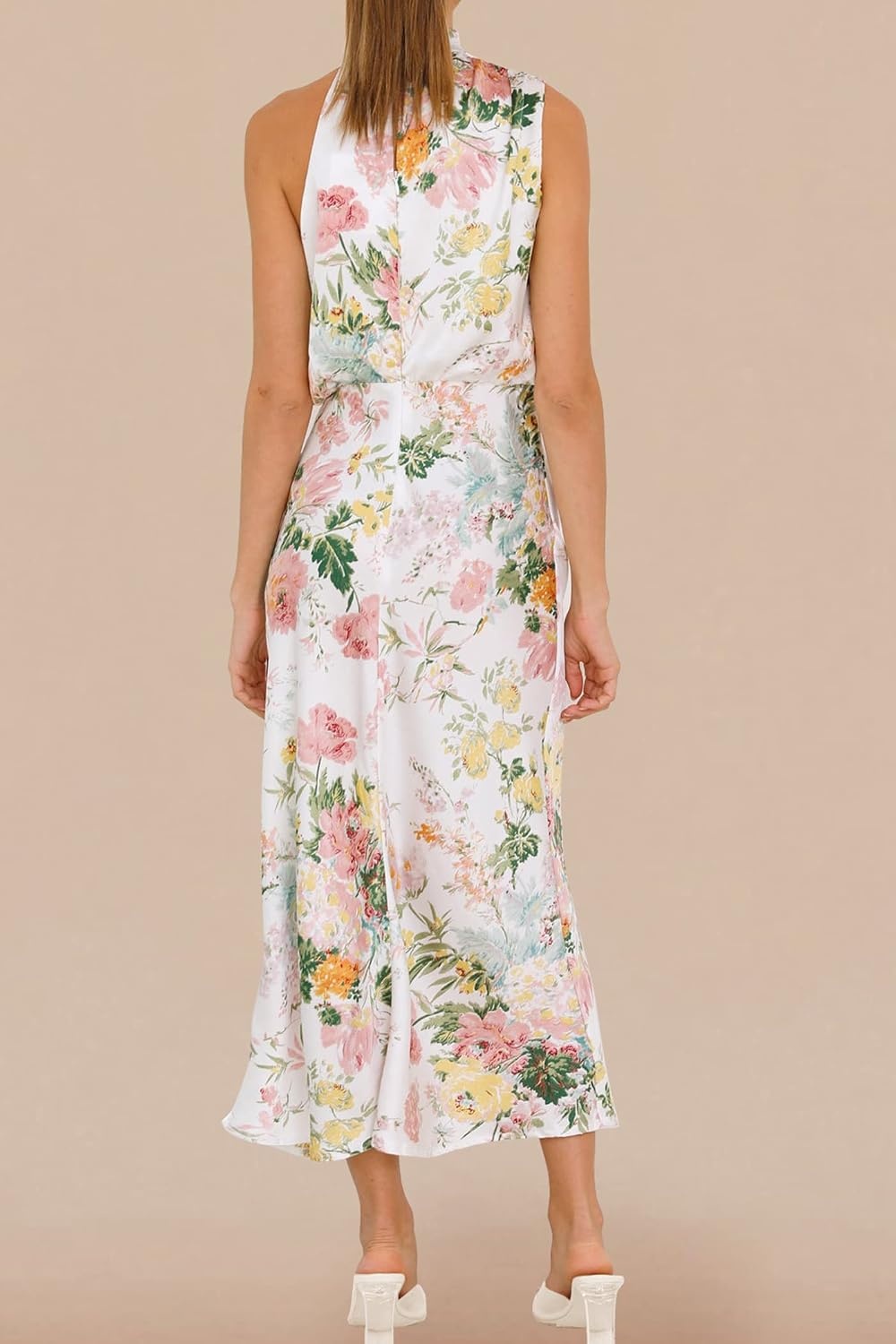 image:imagePRETTYGARDEN Womens Summer Satin Maxi Cocktail Dress Silk FabricSleeveless Mock NeckFit and FlareAsymmetrical Long DressesElegant FormalWedding Guest PartyCruise OutfitsPrint White