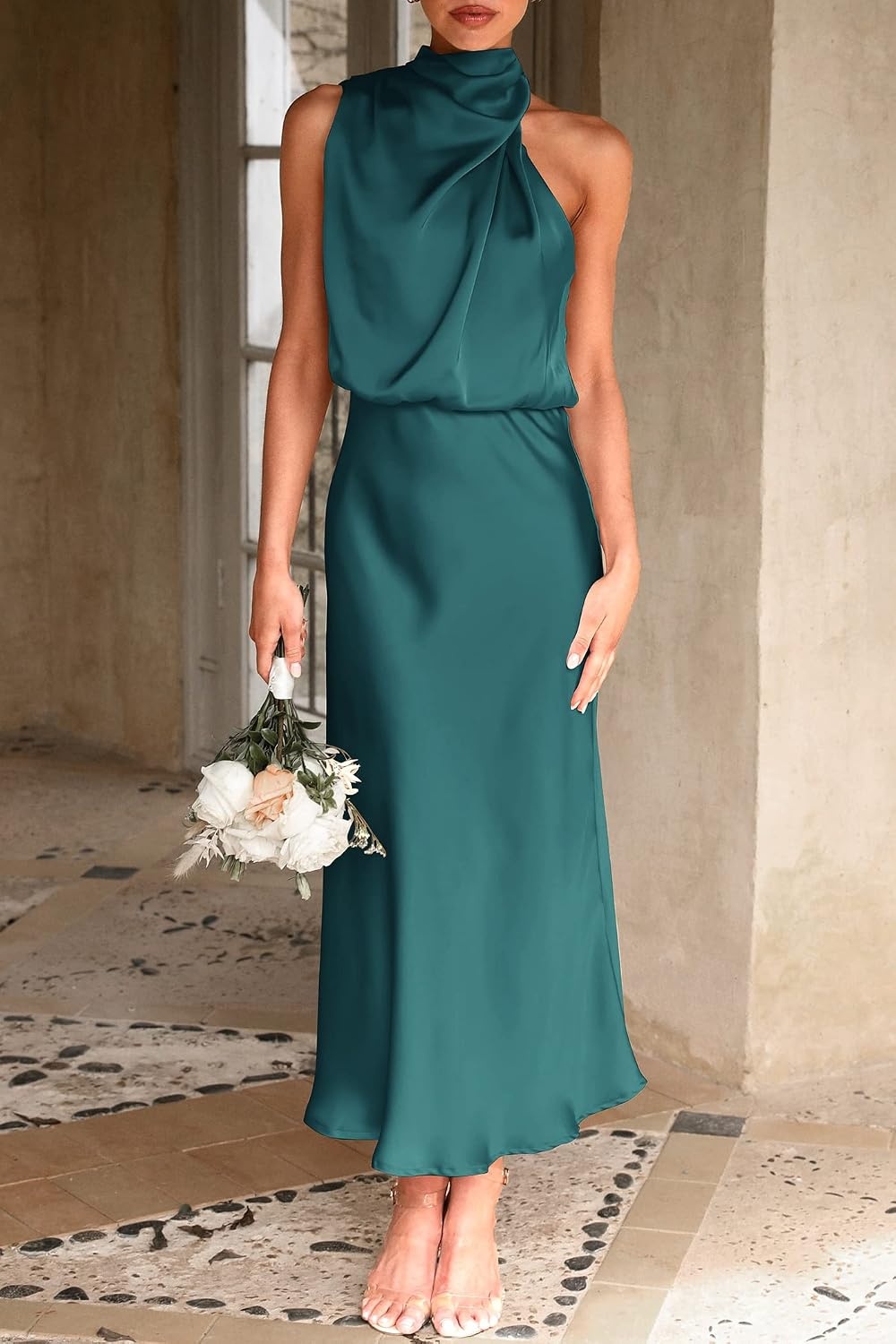 image:imagePRETTYGARDEN Womens Summer Satin Maxi Cocktail Dress Silk FabricSleeveless Mock NeckFit and FlareAsymmetrical Long DressesElegant FormalWedding Guest PartyCruise OutfitsDark Green