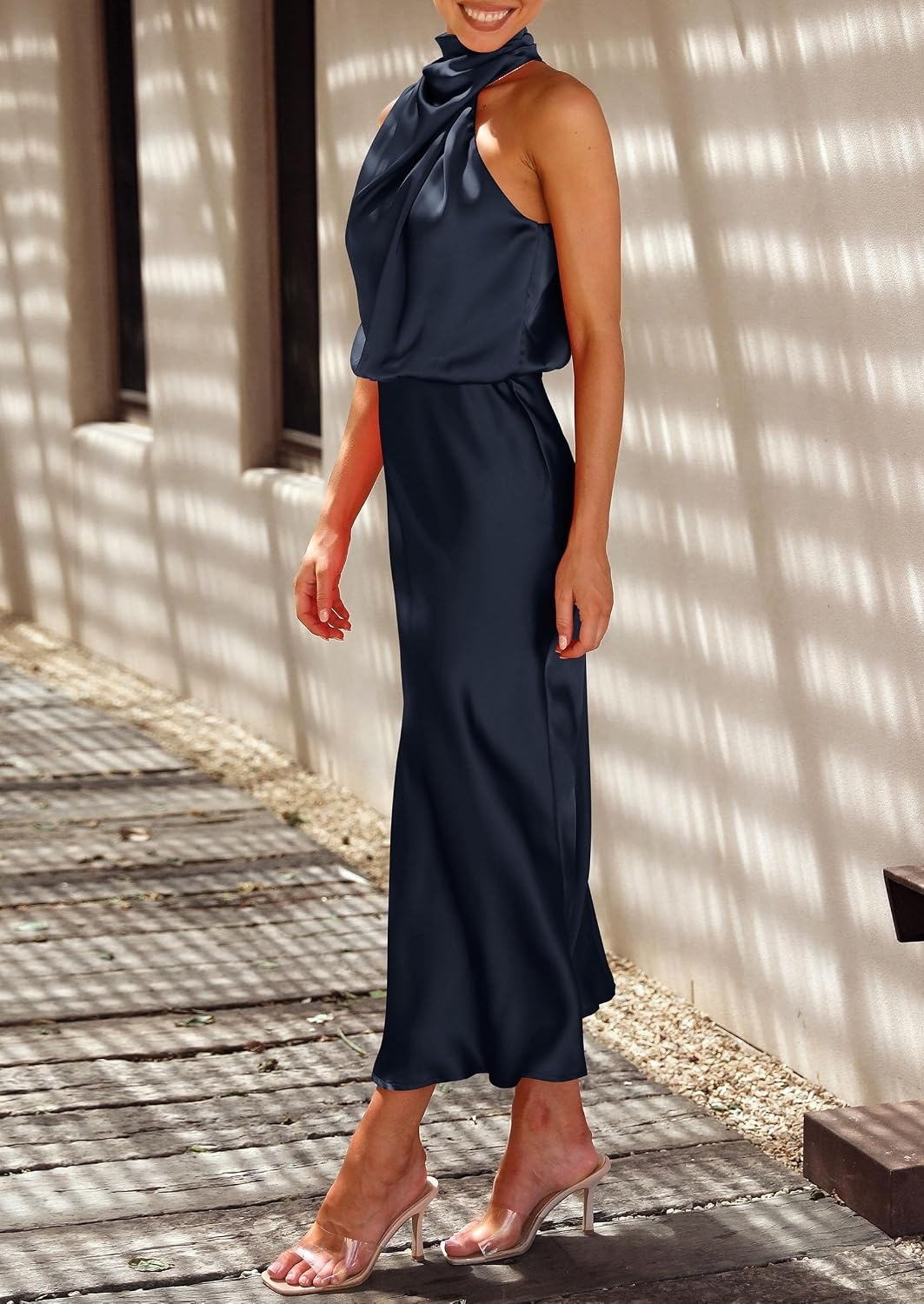 image:imagePRETTYGARDEN Womens Summer Satin Maxi Cocktail Dress Silk FabricSleeveless Mock NeckFit and FlareAsymmetrical Long DressesElegant FormalWedding Guest PartyCruise OutfitsDark Navy