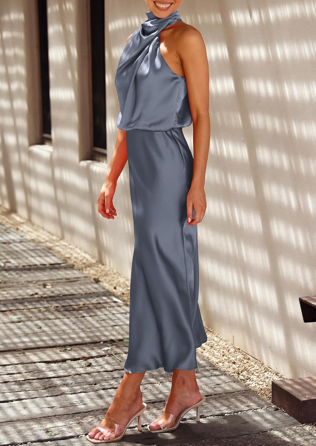 image:imagePRETTYGARDEN Womens Summer Satin Maxi Cocktail Dress Silk FabricSleeveless Mock NeckFit and FlareAsymmetrical Long DressesElegant FormalWedding Guest PartyCruise OutfitsGrey Blue