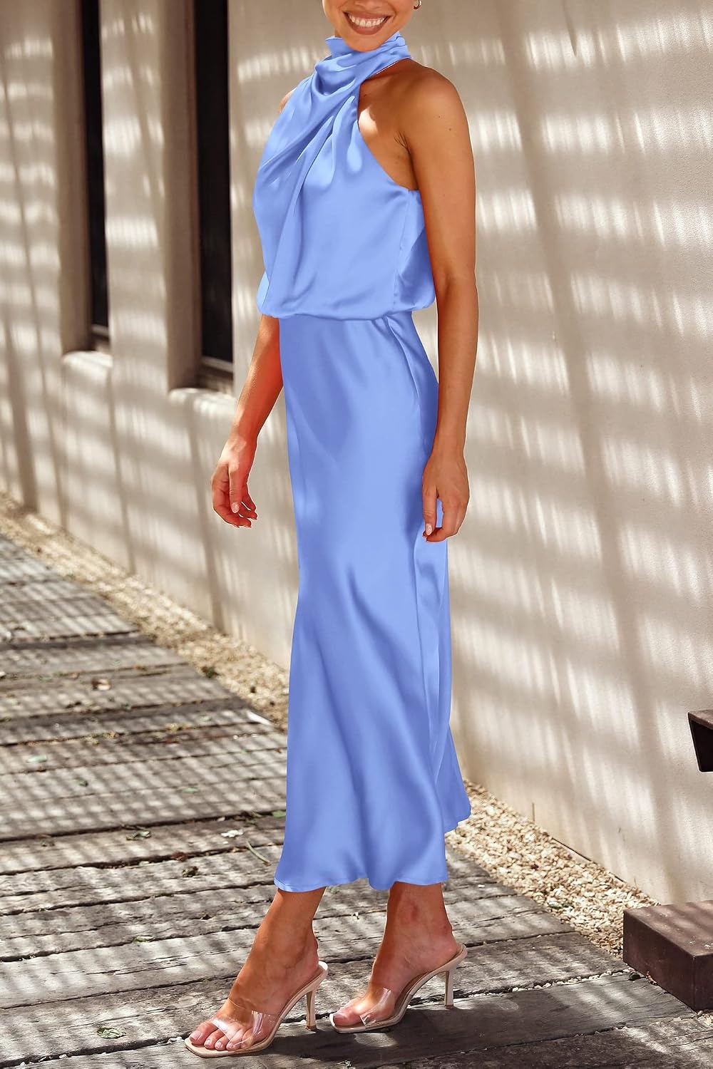 image:imagePRETTYGARDEN Womens Summer Satin Maxi Cocktail Dress Silk FabricSleeveless Mock NeckFit and FlareAsymmetrical Long DressesElegant FormalWedding Guest PartyCruise OutfitsBlue
