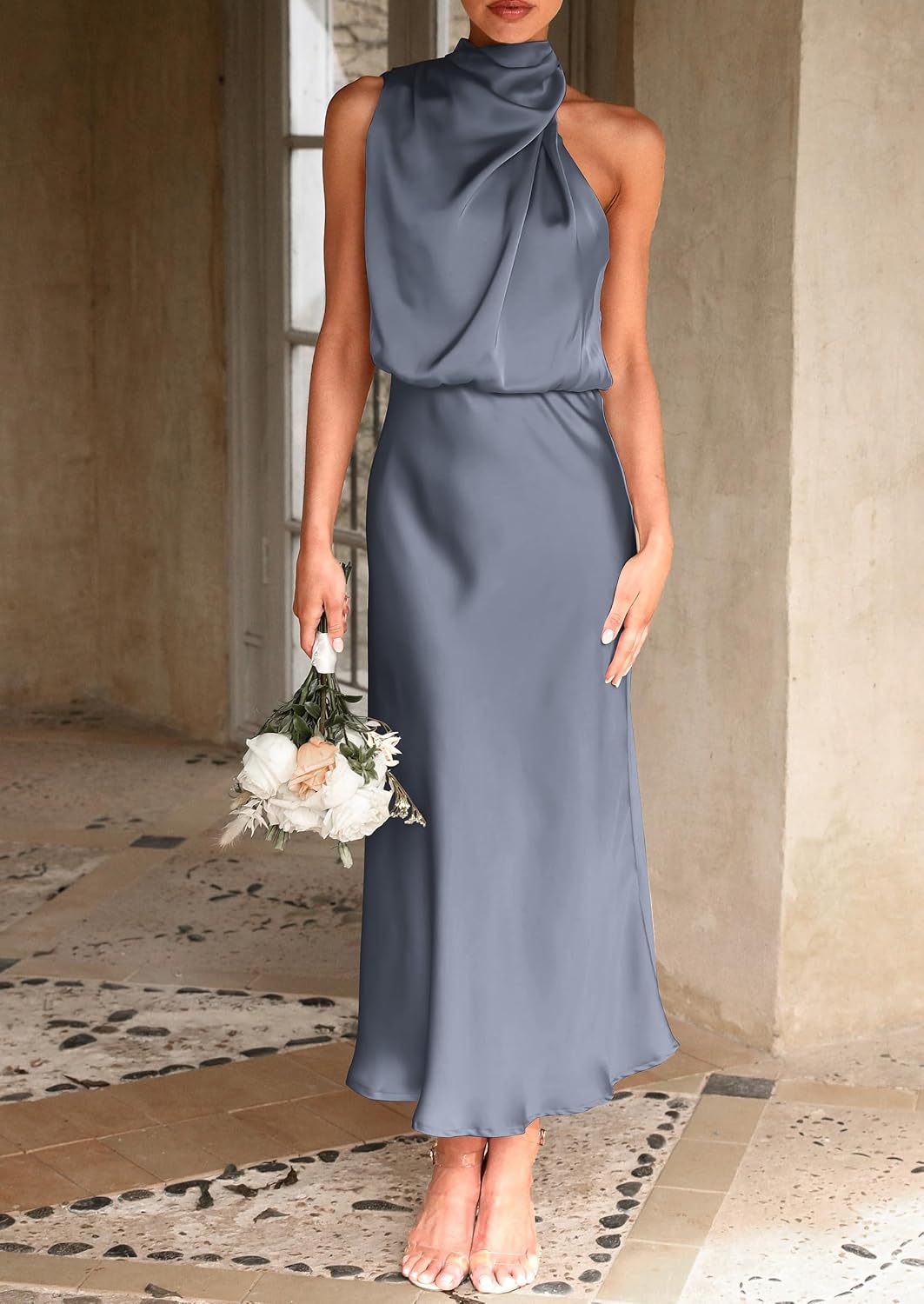 image:imagePRETTYGARDEN Womens Summer Satin Maxi Cocktail Dress Silk FabricSleeveless Mock NeckFit and FlareAsymmetrical Long DressesElegant FormalWedding Guest PartyCruise OutfitsGrey Blue