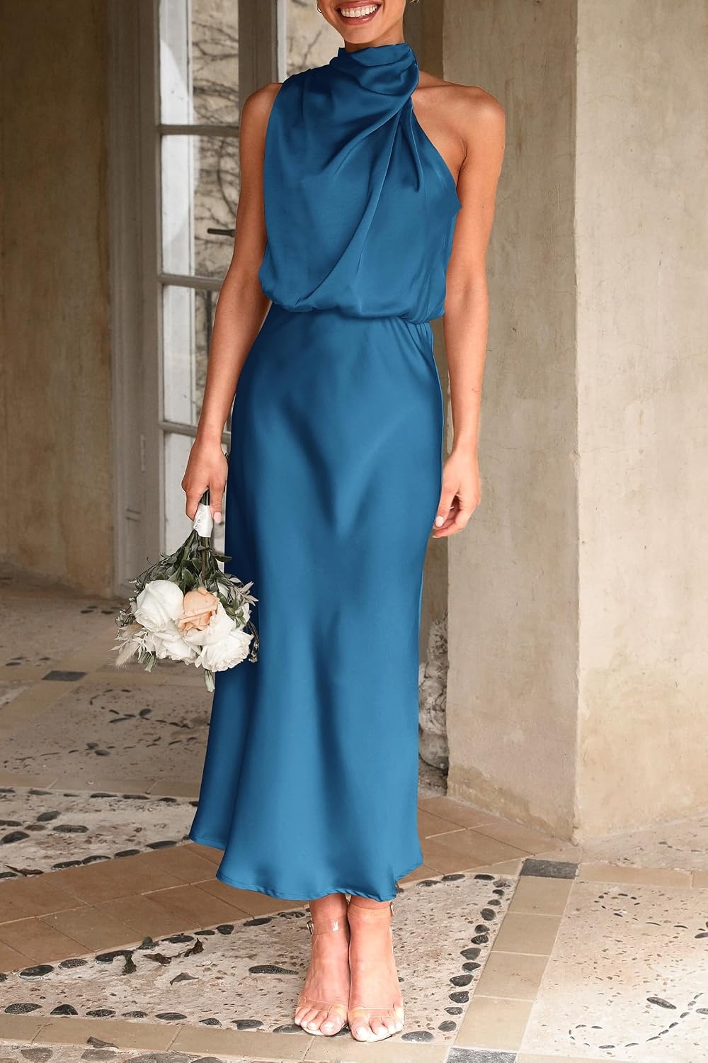 image:imagePRETTYGARDEN Womens Summer Satin Maxi Cocktail Dress Silk FabricSleeveless Mock NeckFit and FlareAsymmetrical Long DressesElegant FormalWedding Guest PartyCruise OutfitsNavy