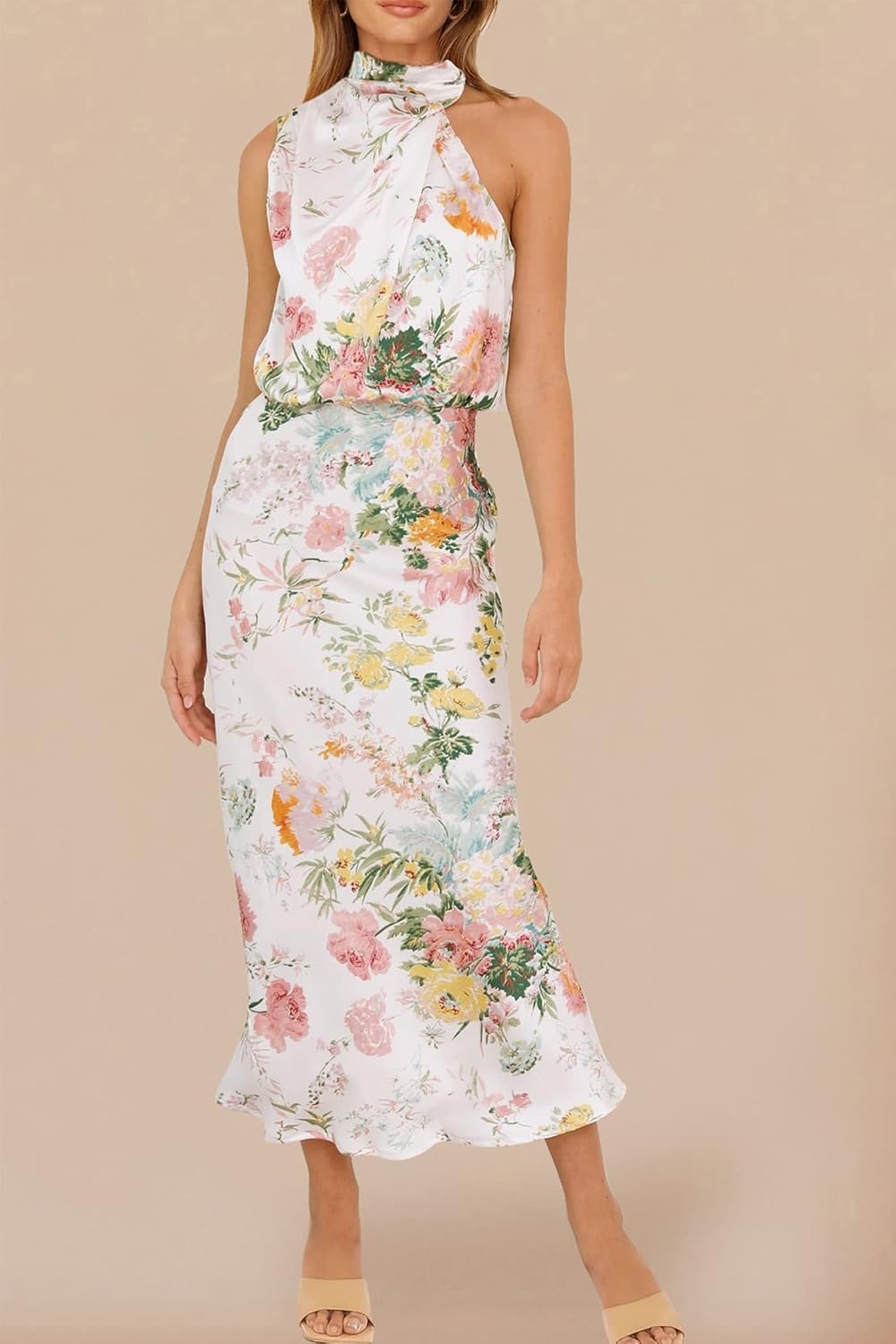 image:imagePRETTYGARDEN Womens Summer Satin Maxi Cocktail Dress Silk FabricSleeveless Mock NeckFit and FlareAsymmetrical Long DressesElegant FormalWedding Guest PartyCruise OutfitsPrint White