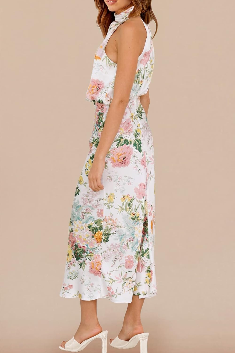 image:imagePRETTYGARDEN Womens Summer Satin Maxi Cocktail Dress Silk FabricSleeveless Mock NeckFit and FlareAsymmetrical Long DressesElegant FormalWedding Guest PartyCruise OutfitsPrint White