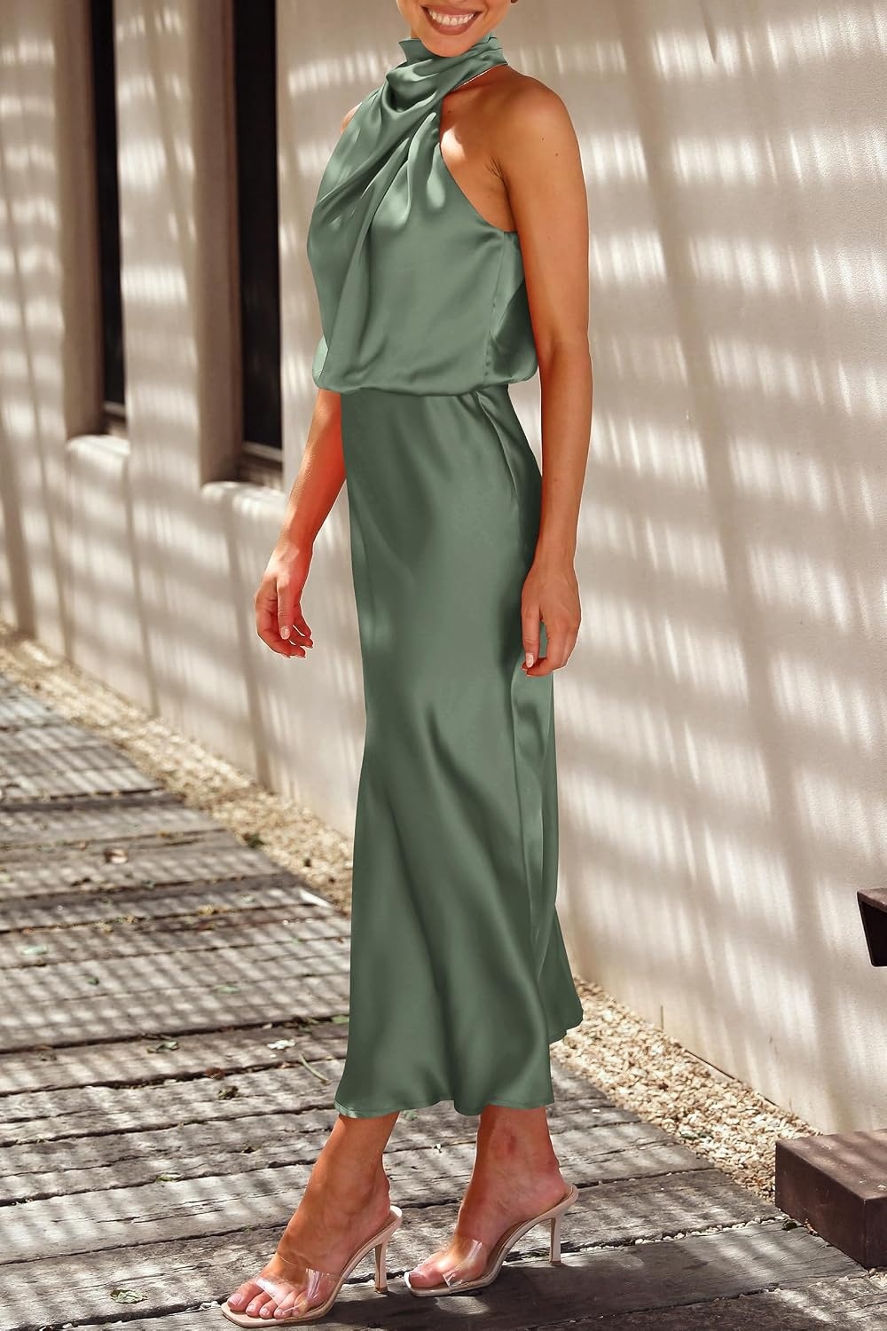 image:imagePRETTYGARDEN Womens Summer Satin Maxi Cocktail Dress Silk FabricSleeveless Mock NeckFit and FlareAsymmetrical Long DressesElegant FormalWedding Guest PartyCruise OutfitsArmy Green