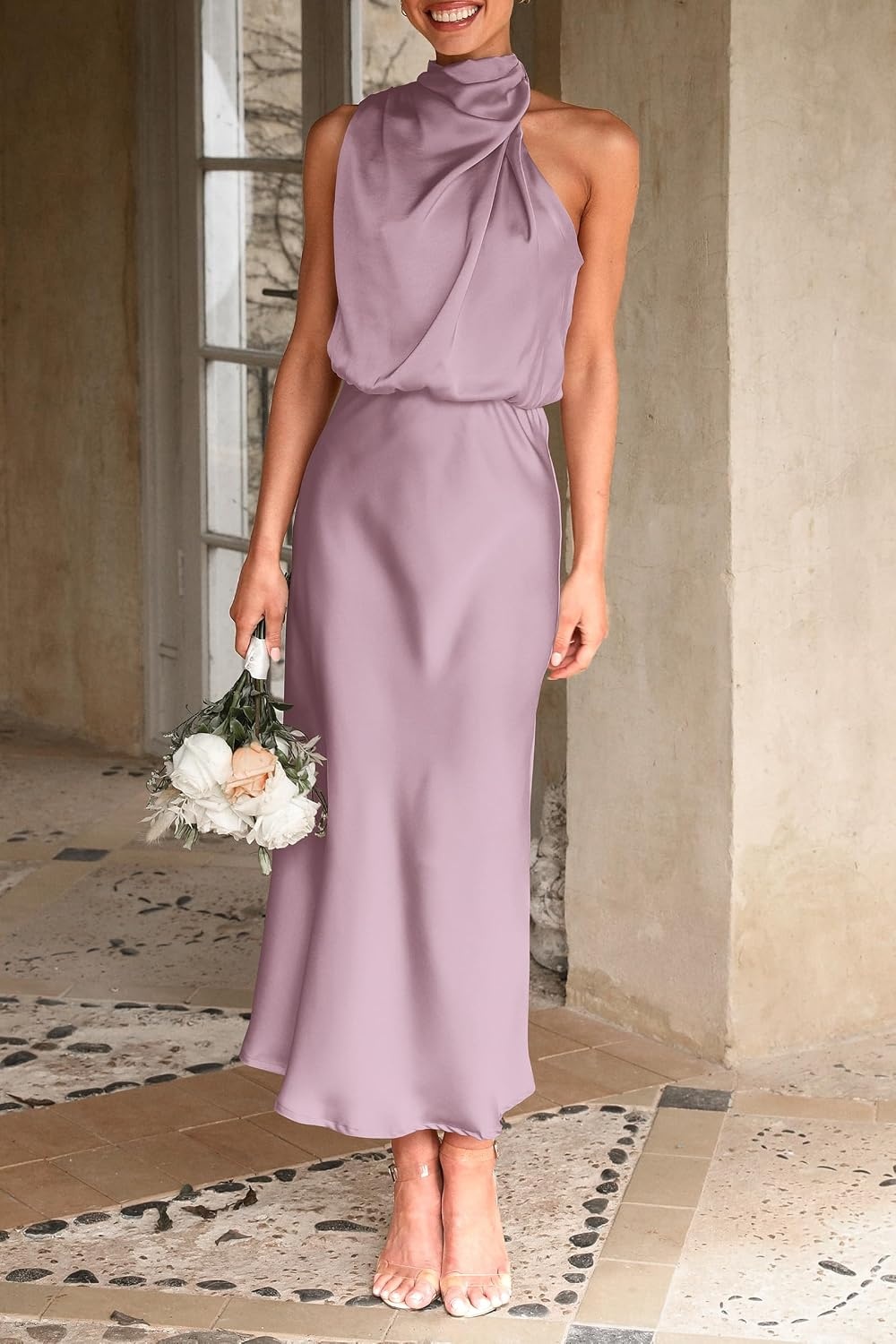image:imagePRETTYGARDEN Womens Summer Satin Maxi Cocktail Dress Silk FabricSleeveless Mock NeckFit and FlareAsymmetrical Long DressesElegant FormalWedding Guest PartyCruise OutfitsDusty Pink