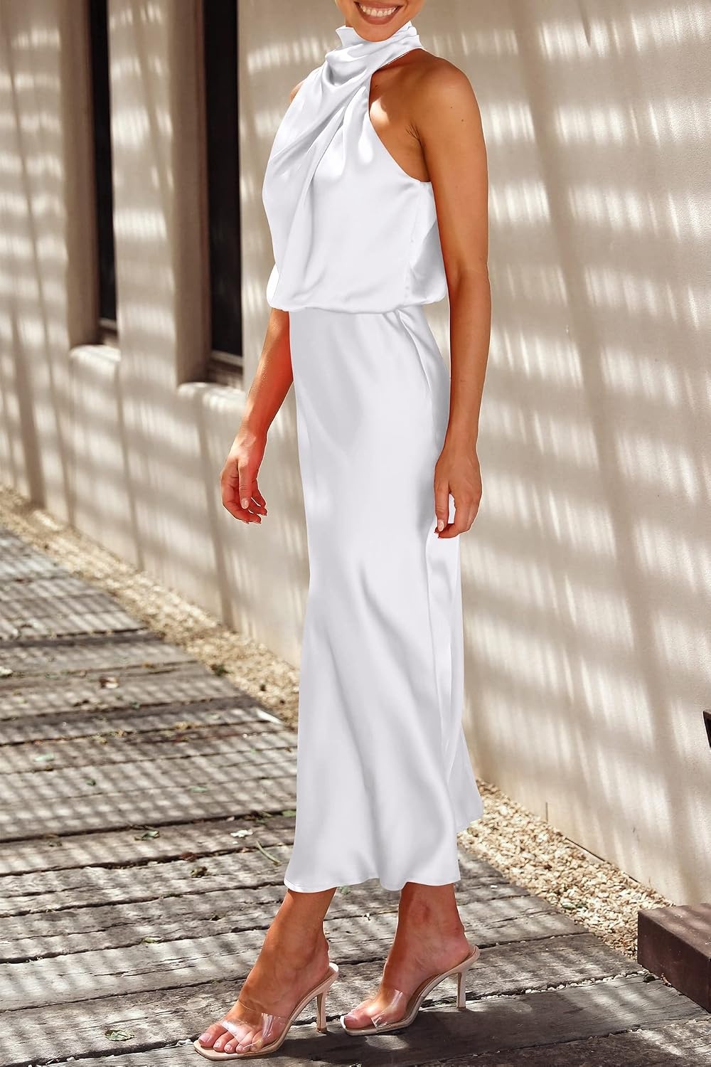 image:imagePRETTYGARDEN Womens Summer Satin Maxi Cocktail Dress Silk FabricSleeveless Mock NeckFit and FlareAsymmetrical Long DressesElegant FormalWedding Guest PartyCruise OutfitsWhite
