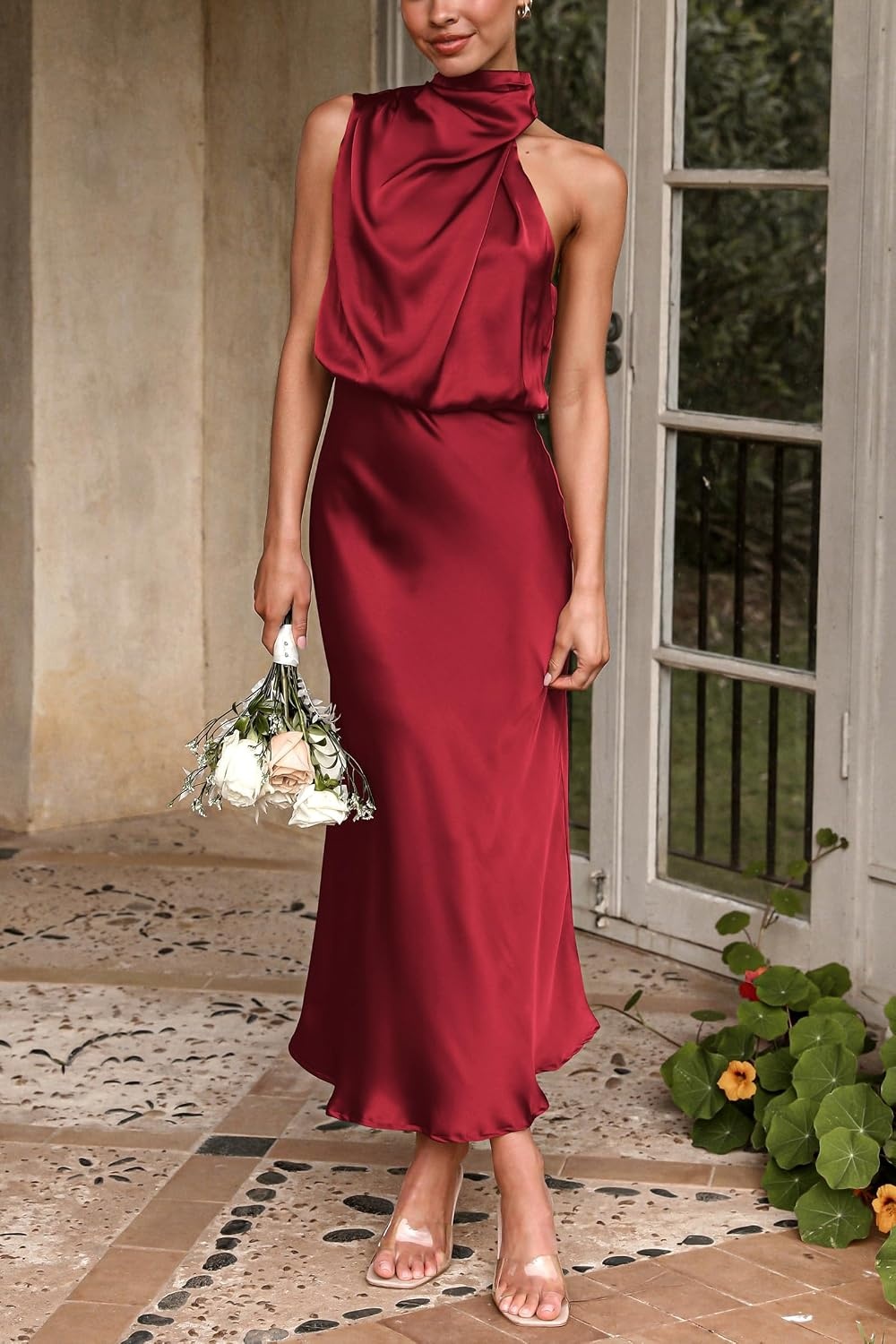 image:imagePRETTYGARDEN Womens Summer Satin Maxi Cocktail Dress Silk FabricSleeveless Mock NeckFit and FlareAsymmetrical Long DressesElegant FormalWedding Guest PartyCruise OutfitsDark Wine Red