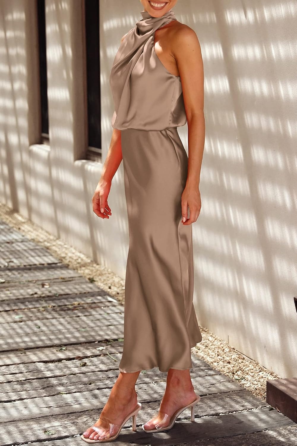 image:imagePRETTYGARDEN Womens Summer Satin Maxi Cocktail Dress Silk FabricSleeveless Mock NeckFit and FlareAsymmetrical Long DressesElegant FormalWedding Guest PartyCruise OutfitsChampagne