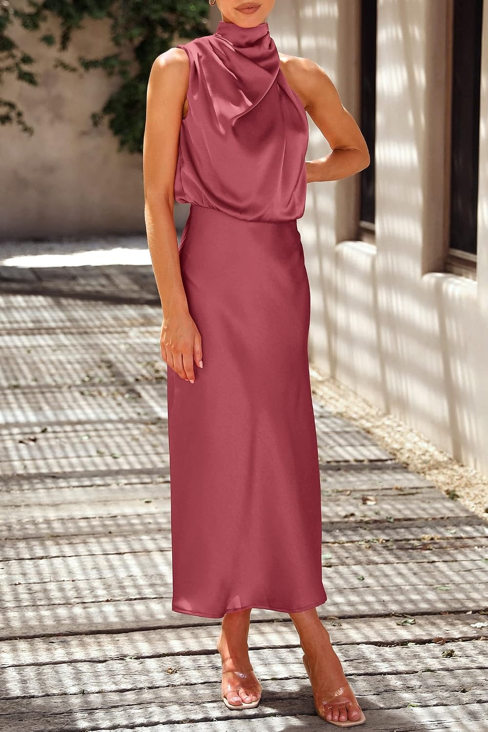 image:imagePRETTYGARDEN Womens Summer Satin Maxi Cocktail Dress Silk FabricSleeveless Mock NeckFit and FlareAsymmetrical Long DressesElegant FormalWedding Guest PartyCruise OutfitsBrick Red