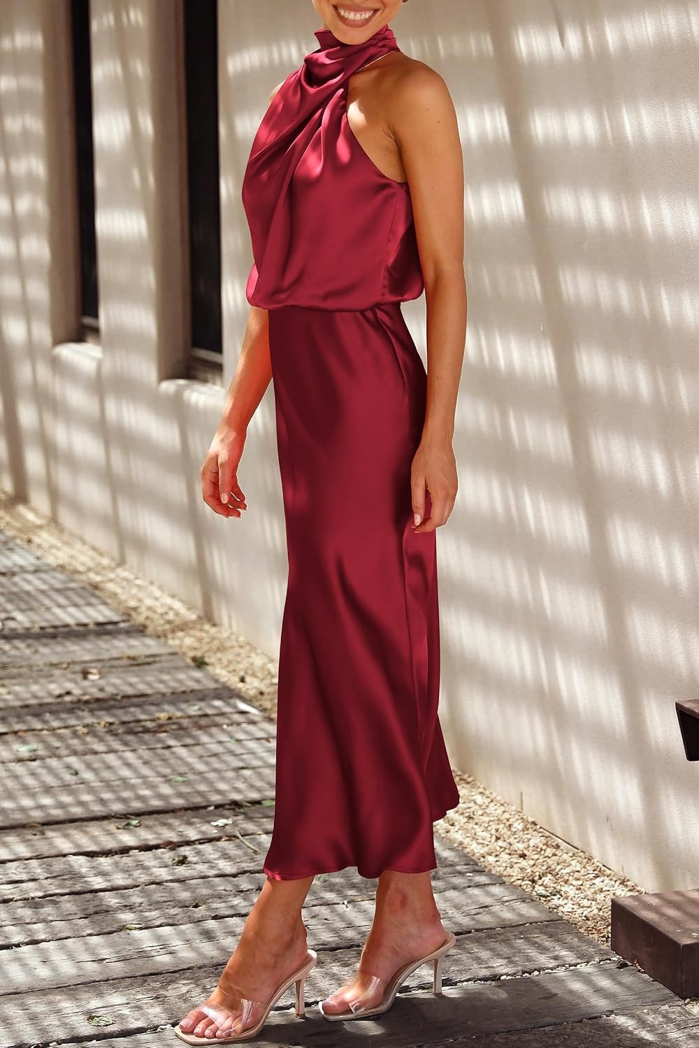 image:imagePRETTYGARDEN Womens Summer Satin Maxi Cocktail Dress Silk FabricSleeveless Mock NeckFit and FlareAsymmetrical Long DressesElegant FormalWedding Guest PartyCruise OutfitsDark Wine Red