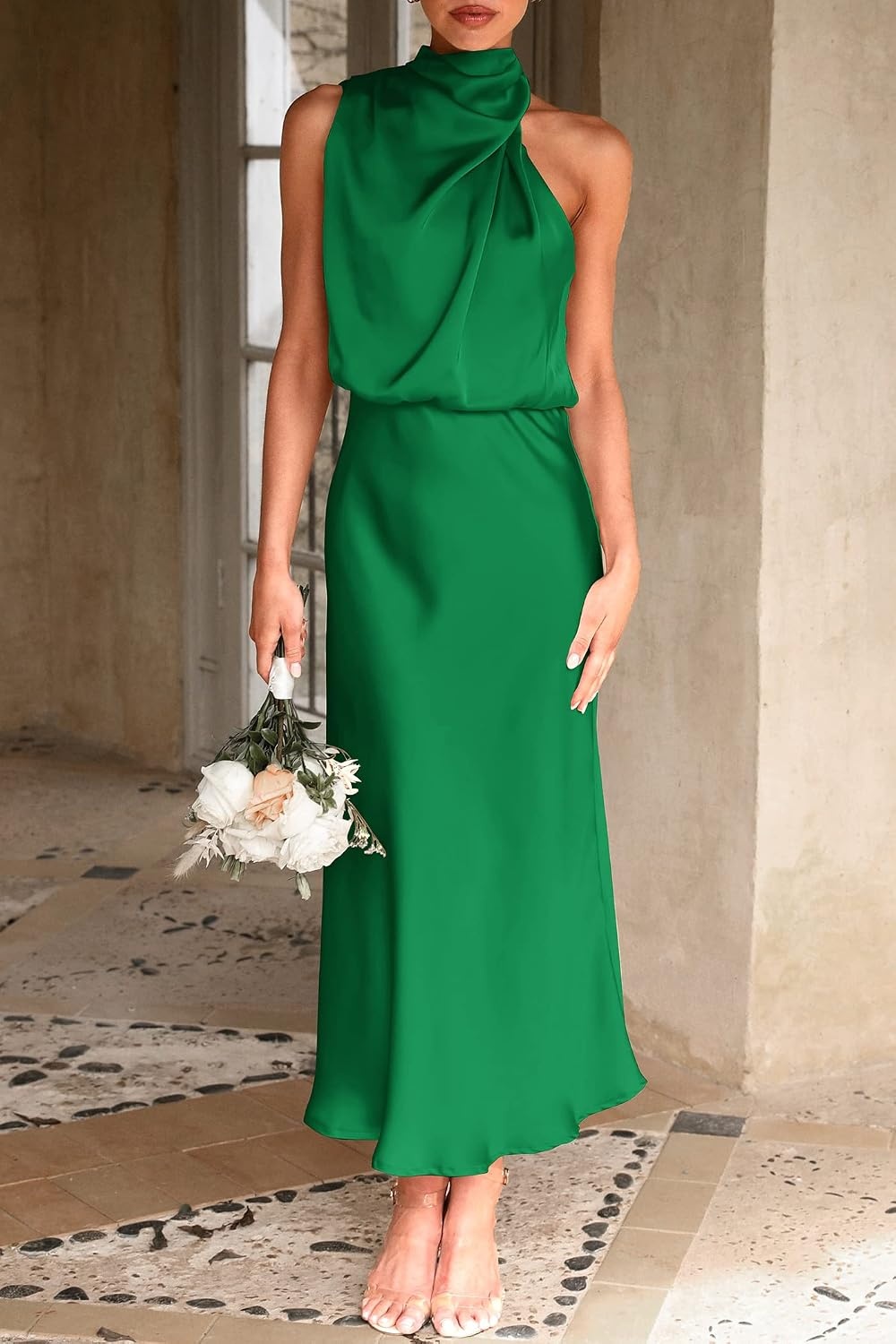 image:imagePRETTYGARDEN Womens Summer Satin Maxi Cocktail Dress Silk FabricSleeveless Mock NeckFit and FlareAsymmetrical Long DressesElegant FormalWedding Guest PartyCruise OutfitsGreen