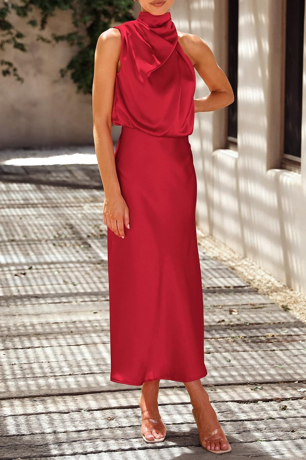 image:imagePRETTYGARDEN Womens Summer Satin Maxi Cocktail Dress Silk FabricSleeveless Mock NeckFit and FlareAsymmetrical Long DressesElegant FormalWedding Guest PartyCruise OutfitsRed