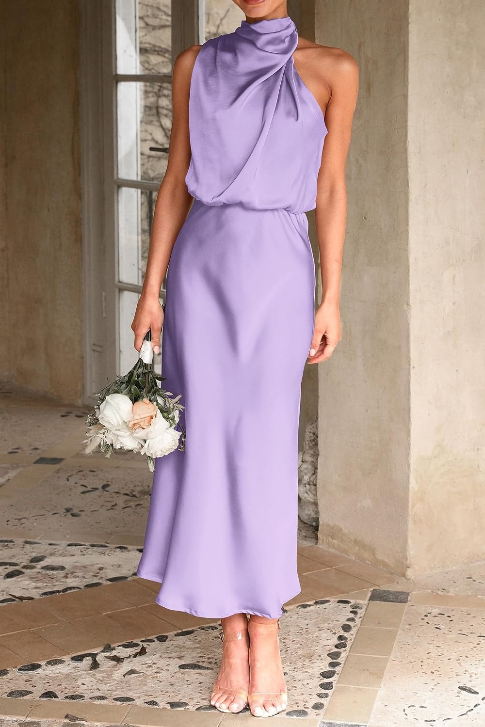 image:imagePRETTYGARDEN Womens Summer Satin Maxi Cocktail Dress Silk FabricSleeveless Mock NeckFit and FlareAsymmetrical Long DressesElegant FormalWedding Guest PartyCruise OutfitsPurple