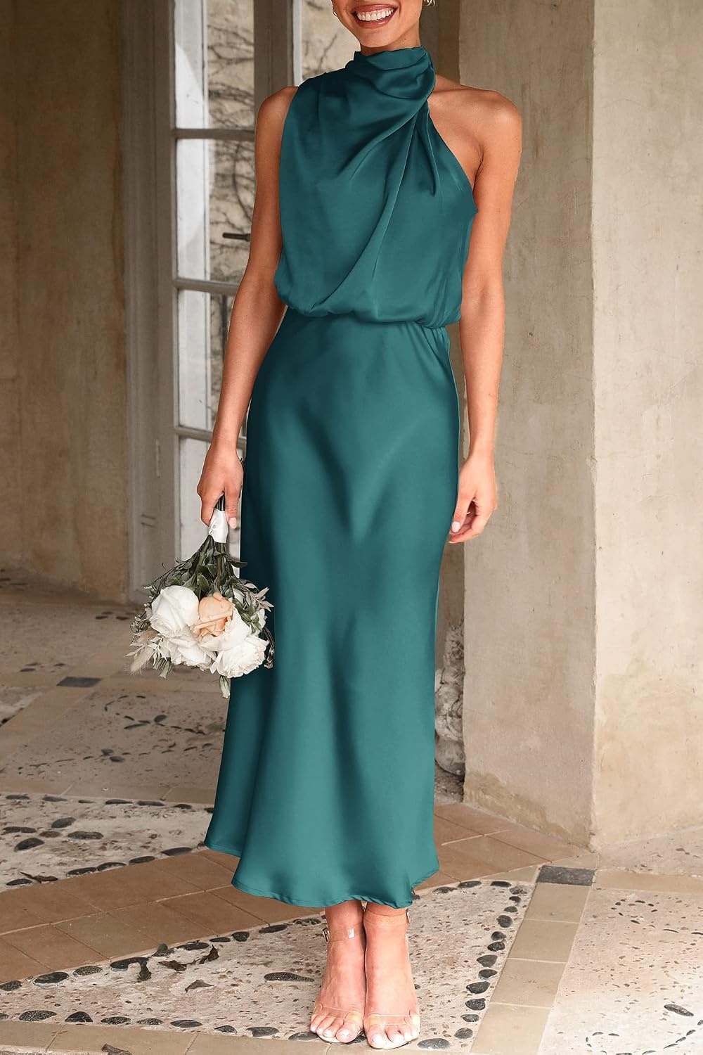 image:imagePRETTYGARDEN Womens Summer Satin Maxi Cocktail Dress Silk FabricSleeveless Mock NeckFit and FlareAsymmetrical Long DressesElegant FormalWedding Guest PartyCruise OutfitsDark Green
