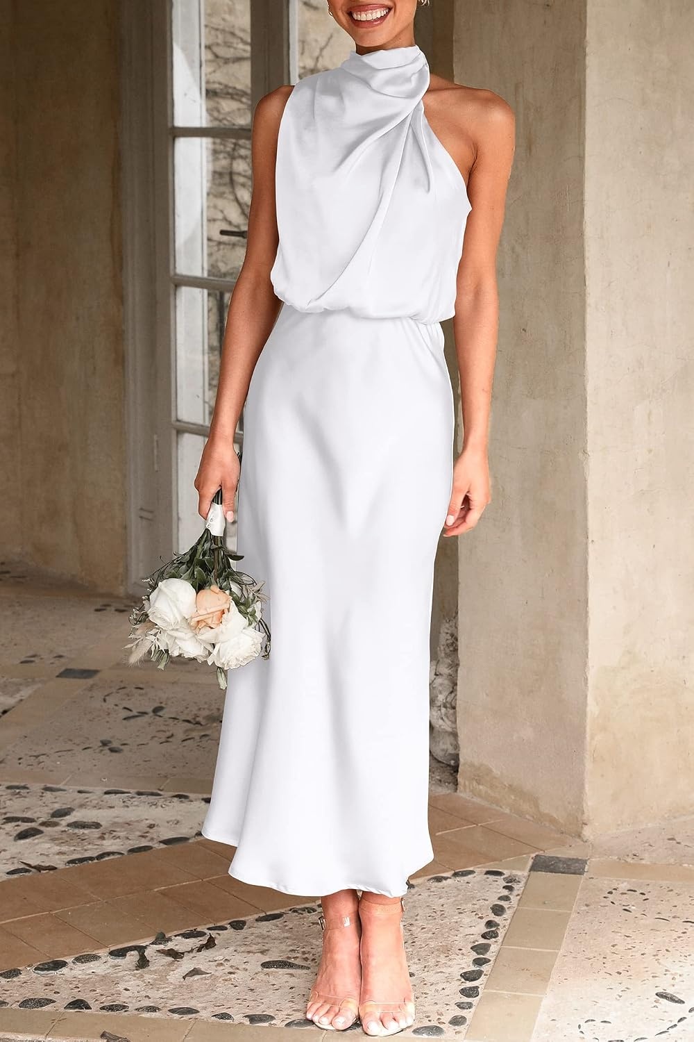 image:imagePRETTYGARDEN Womens Summer Satin Maxi Cocktail Dress Silk FabricSleeveless Mock NeckFit and FlareAsymmetrical Long DressesElegant FormalWedding Guest PartyCruise OutfitsWhite