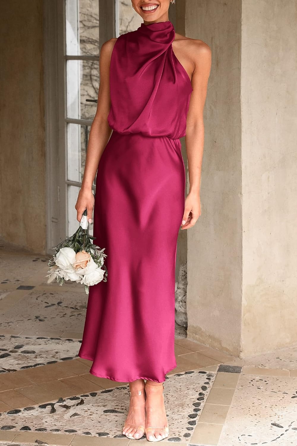image:imagePRETTYGARDEN Womens Summer Satin Maxi Cocktail Dress Silk FabricSleeveless Mock NeckFit and FlareAsymmetrical Long DressesElegant FormalWedding Guest PartyCruise OutfitsDeep Red