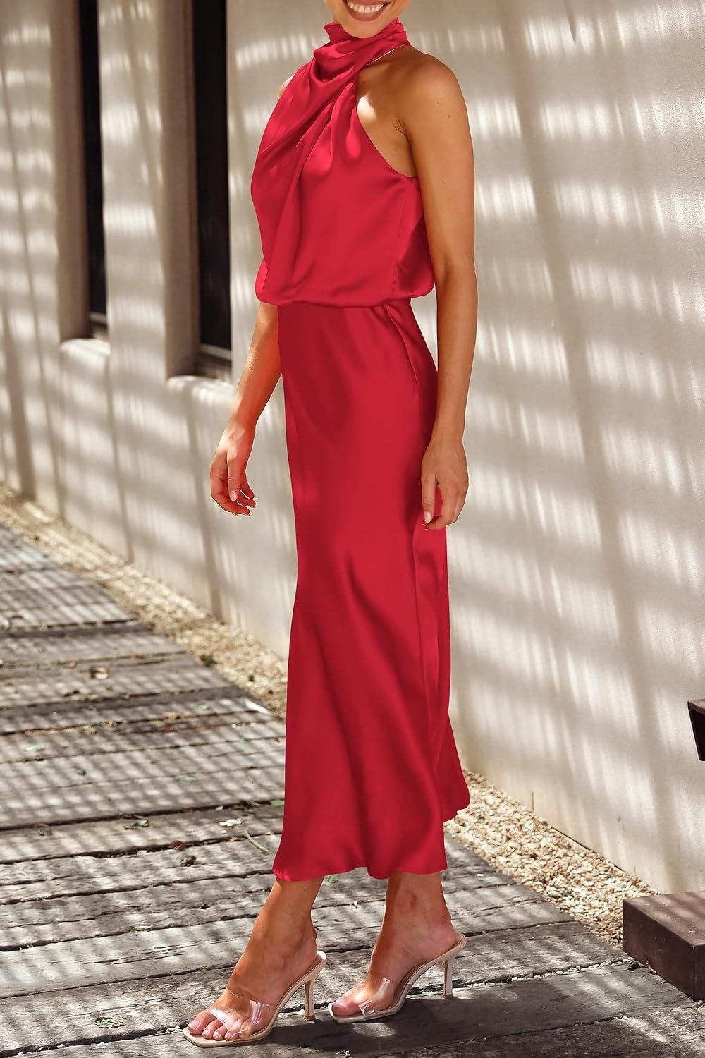 image:imagePRETTYGARDEN Womens Summer Satin Maxi Cocktail Dress Silk FabricSleeveless Mock NeckFit and FlareAsymmetrical Long DressesElegant FormalWedding Guest PartyCruise OutfitsRed