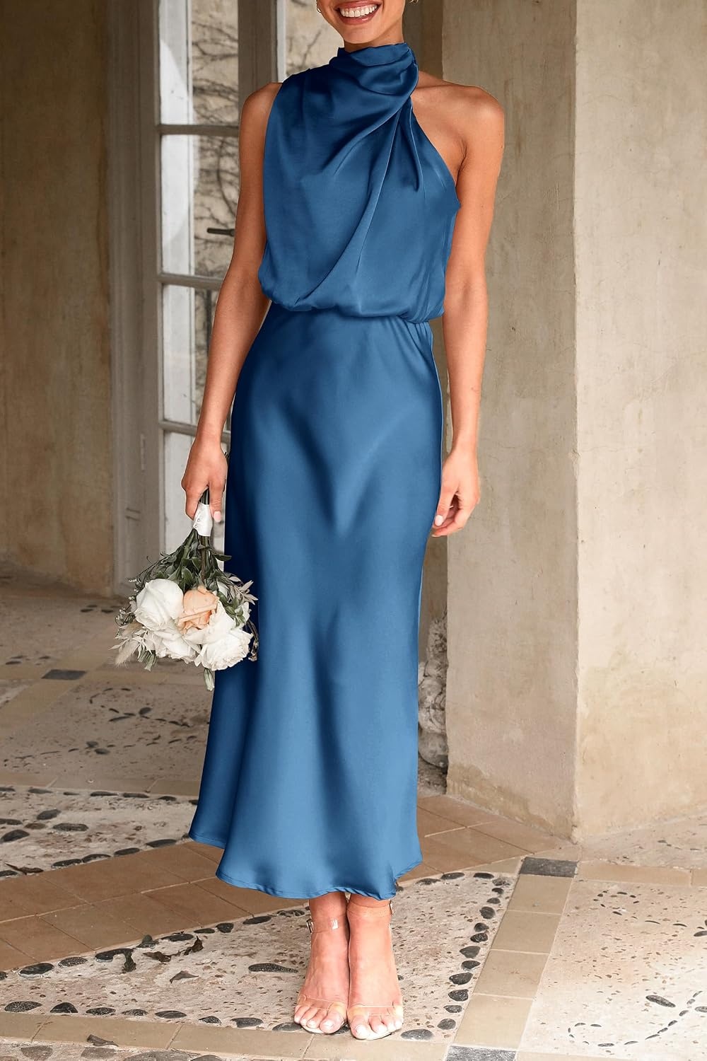 image:imagePRETTYGARDEN Womens Summer Satin Maxi Cocktail Dress Silk FabricSleeveless Mock NeckFit and FlareAsymmetrical Long DressesElegant FormalWedding Guest PartyCruise OutfitsDark Blue
