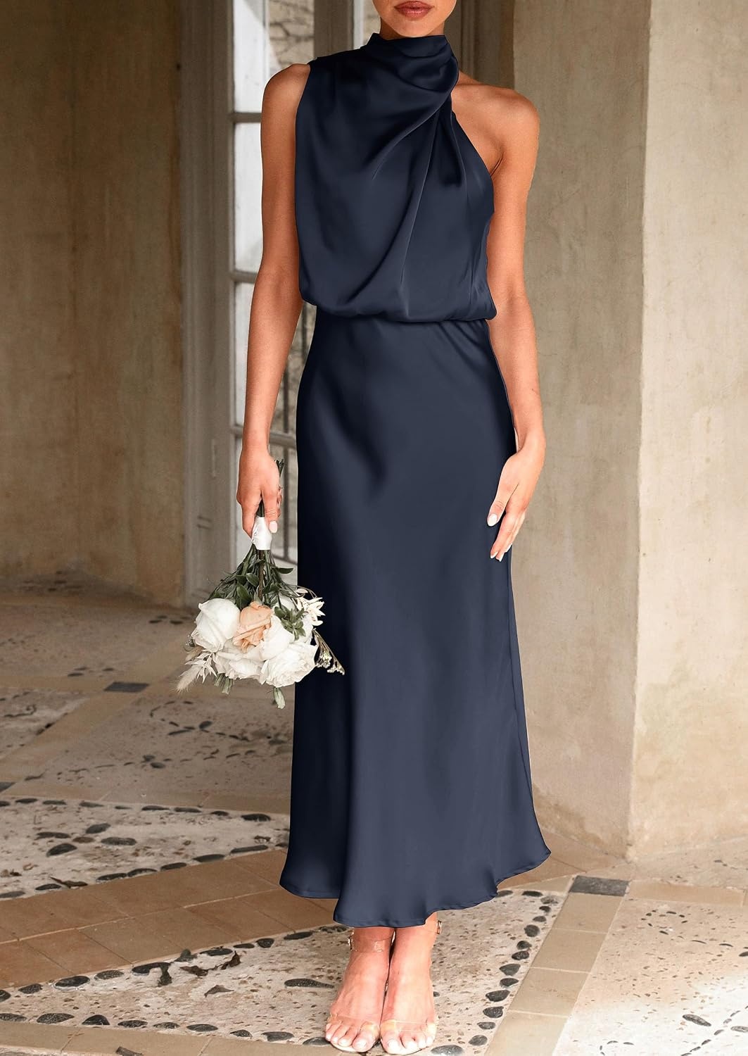image:imagePRETTYGARDEN Womens Summer Satin Maxi Cocktail Dress Silk FabricSleeveless Mock NeckFit and FlareAsymmetrical Long DressesElegant FormalWedding Guest PartyCruise OutfitsDark Navy