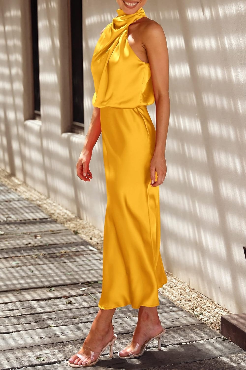 image:imagePRETTYGARDEN Womens Summer Satin Maxi Cocktail Dress Silk FabricSleeveless Mock NeckFit and FlareAsymmetrical Long DressesElegant FormalWedding Guest PartyCruise OutfitsYellow