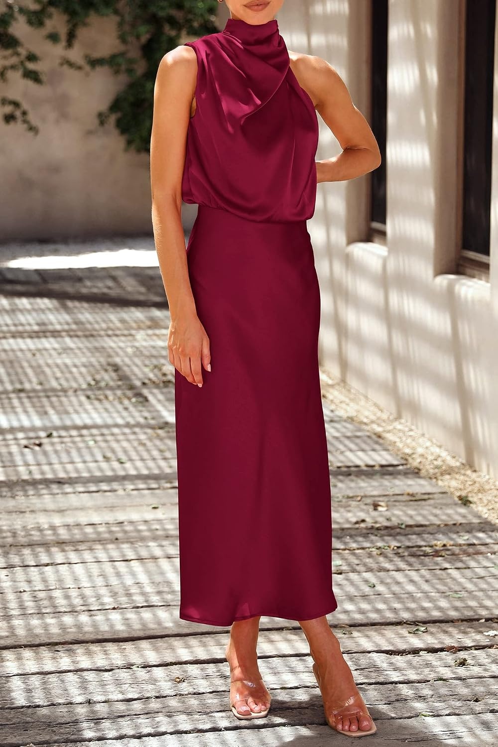 image:imagePRETTYGARDEN Womens Summer Satin Maxi Cocktail Dress Silk FabricSleeveless Mock NeckFit and FlareAsymmetrical Long DressesElegant FormalWedding Guest PartyCruise OutfitsDeep Red