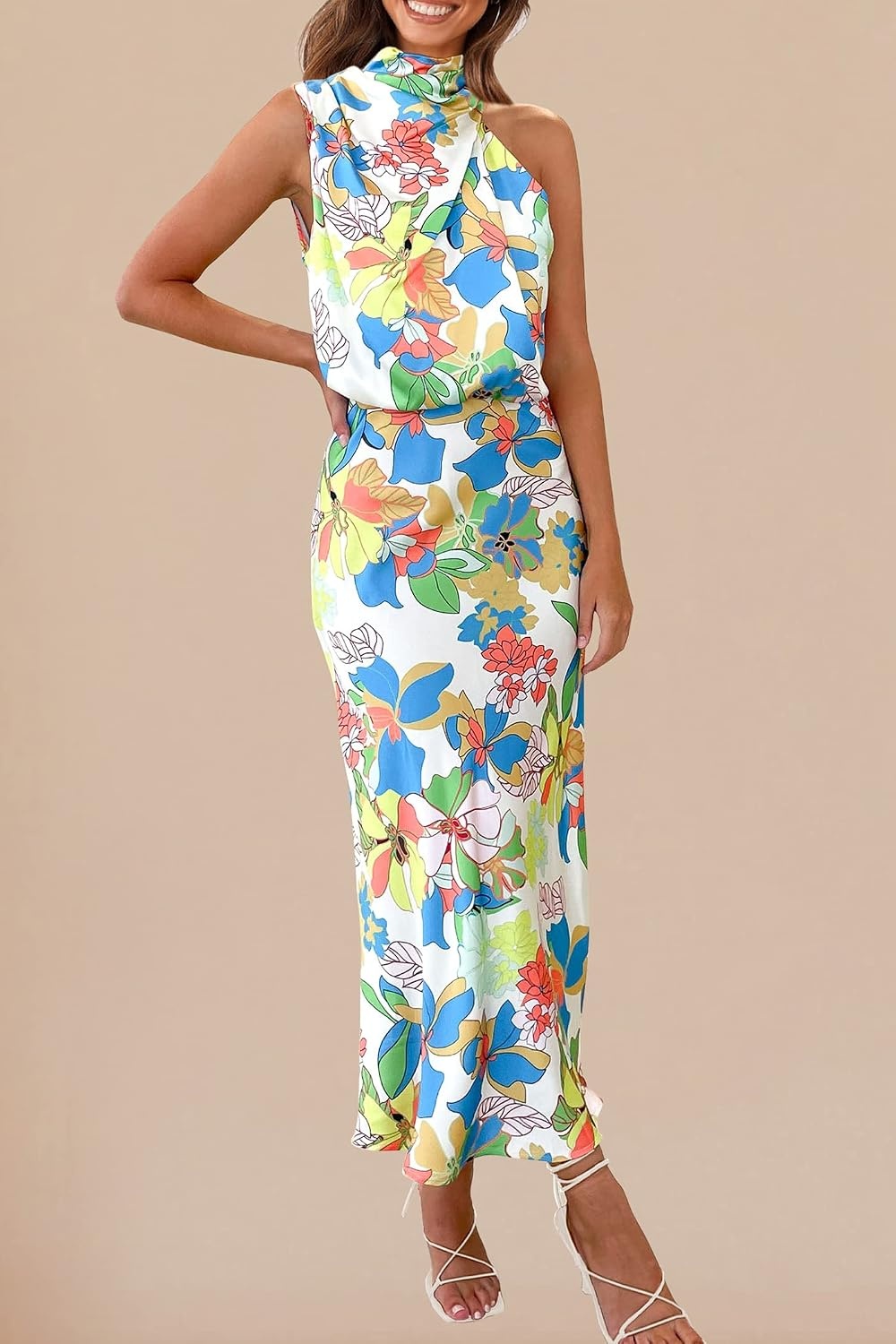 image:imagePRETTYGARDEN Womens Summer Satin Maxi Cocktail Dress Silk FabricSleeveless Mock NeckFit and FlareAsymmetrical Long DressesElegant FormalWedding Guest PartyCruise OutfitsPrint Multicolored