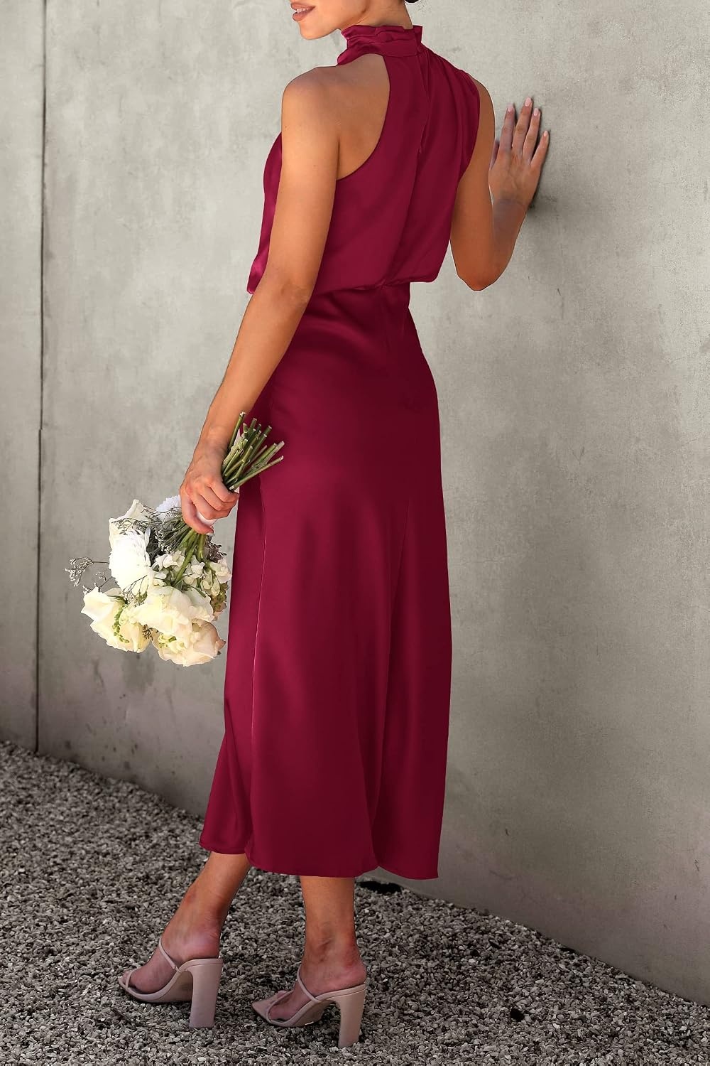 image:imagePRETTYGARDEN Womens Summer Satin Maxi Cocktail Dress Silk FabricSleeveless Mock NeckFit and FlareAsymmetrical Long DressesElegant FormalWedding Guest PartyCruise OutfitsDeep Red
