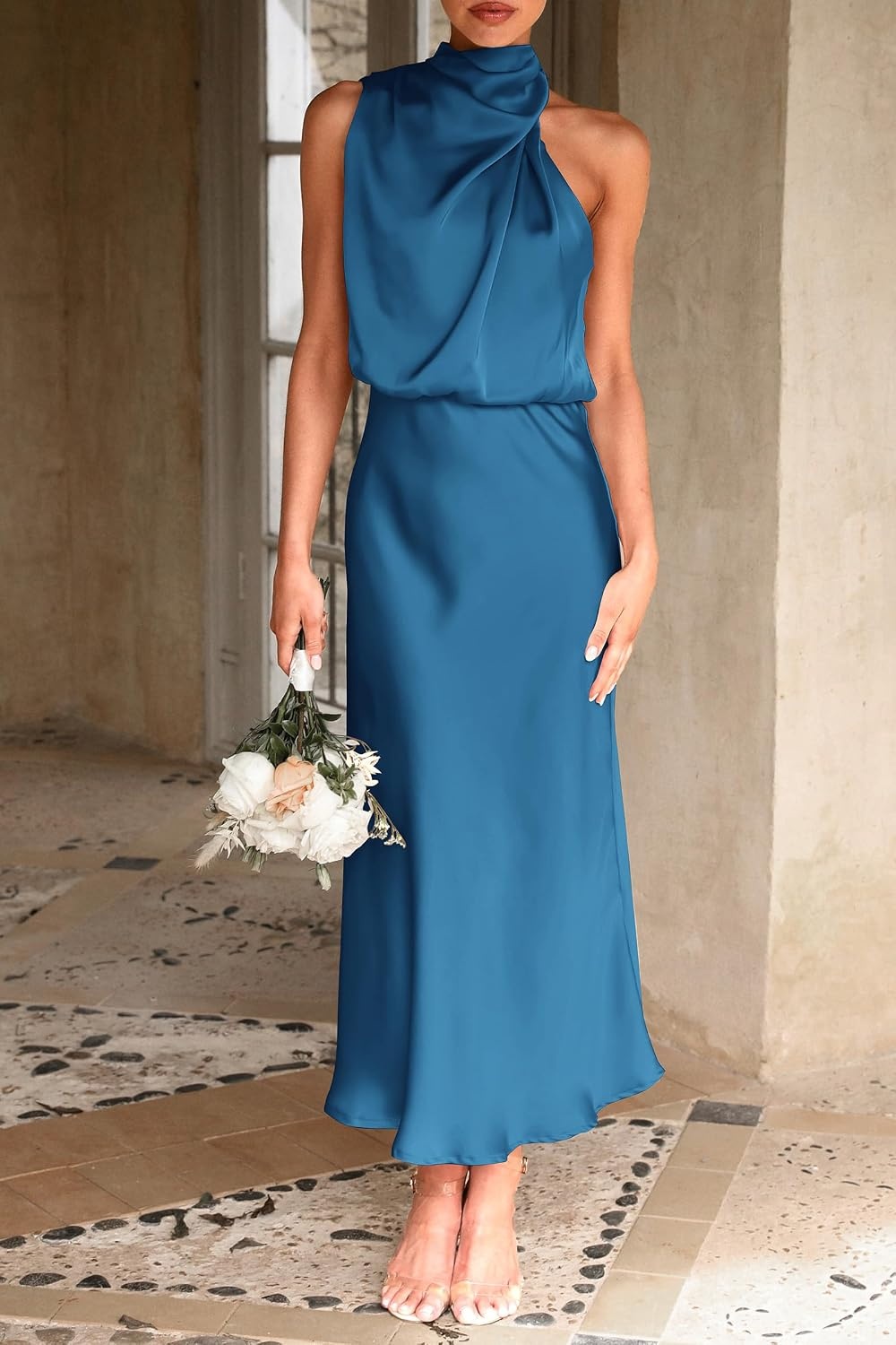 image:imagePRETTYGARDEN Womens Summer Satin Maxi Cocktail Dress Silk FabricSleeveless Mock NeckFit and FlareAsymmetrical Long DressesElegant FormalWedding Guest PartyCruise OutfitsNavy