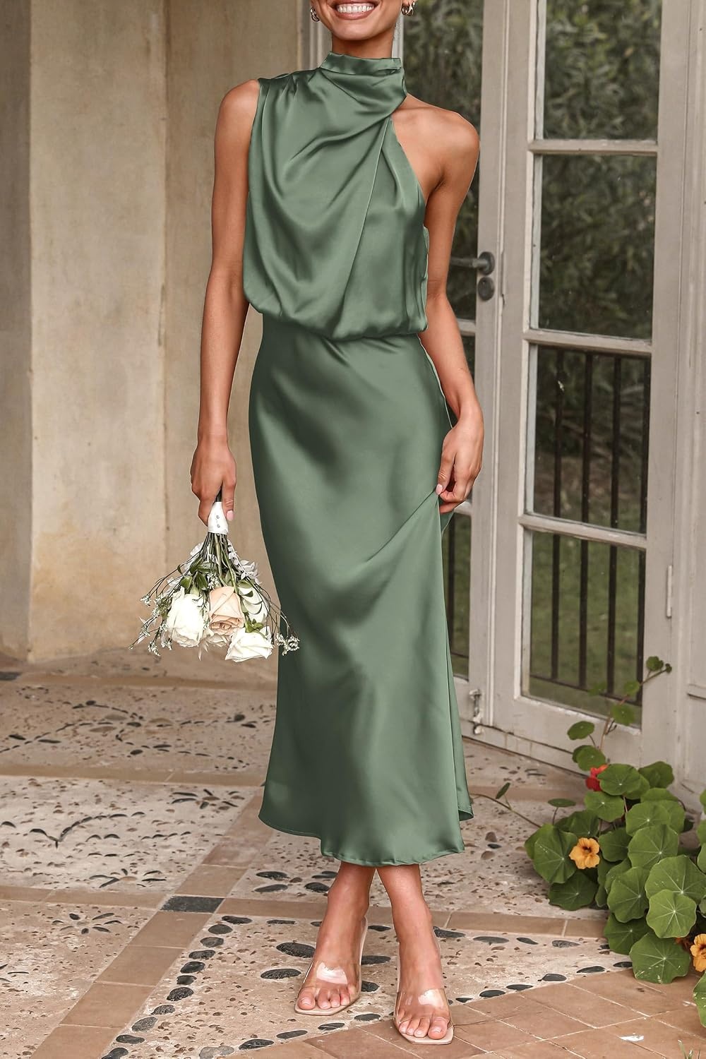 image:imagePRETTYGARDEN Womens Summer Satin Maxi Cocktail Dress Silk FabricSleeveless Mock NeckFit and FlareAsymmetrical Long DressesElegant FormalWedding Guest PartyCruise OutfitsArmy Green